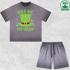 Kiss Me Im Irish Printed Dirty Wash T-Shirt Shorts Set Multicolor Combo Loose Trendy Fashionable 100%Cotton Short Value Pack