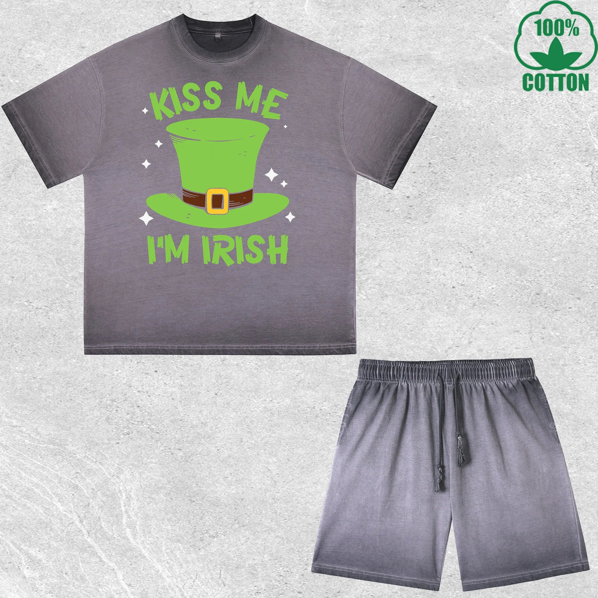 Kiss Me Im Irish Printed Dirty Wash T-Shirt Shorts Set Multicolor Combo Loose Trendy Fashionable 100%Cotton Short Value Pack