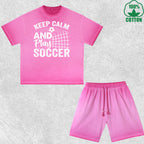 Keep Calm Soccer Printed Dirty Wash T-Shirt Shorts Set Multicolor Combo Loose Trendy Fashionable 100%Cotton