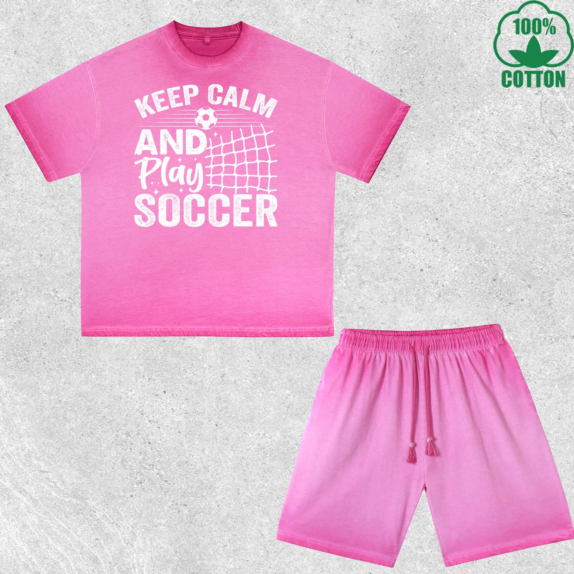 Keep Calm Soccer Printed Dirty Wash T-Shirt Shorts Set Multicolor Combo Loose Trendy Fashionable 100%Cotton