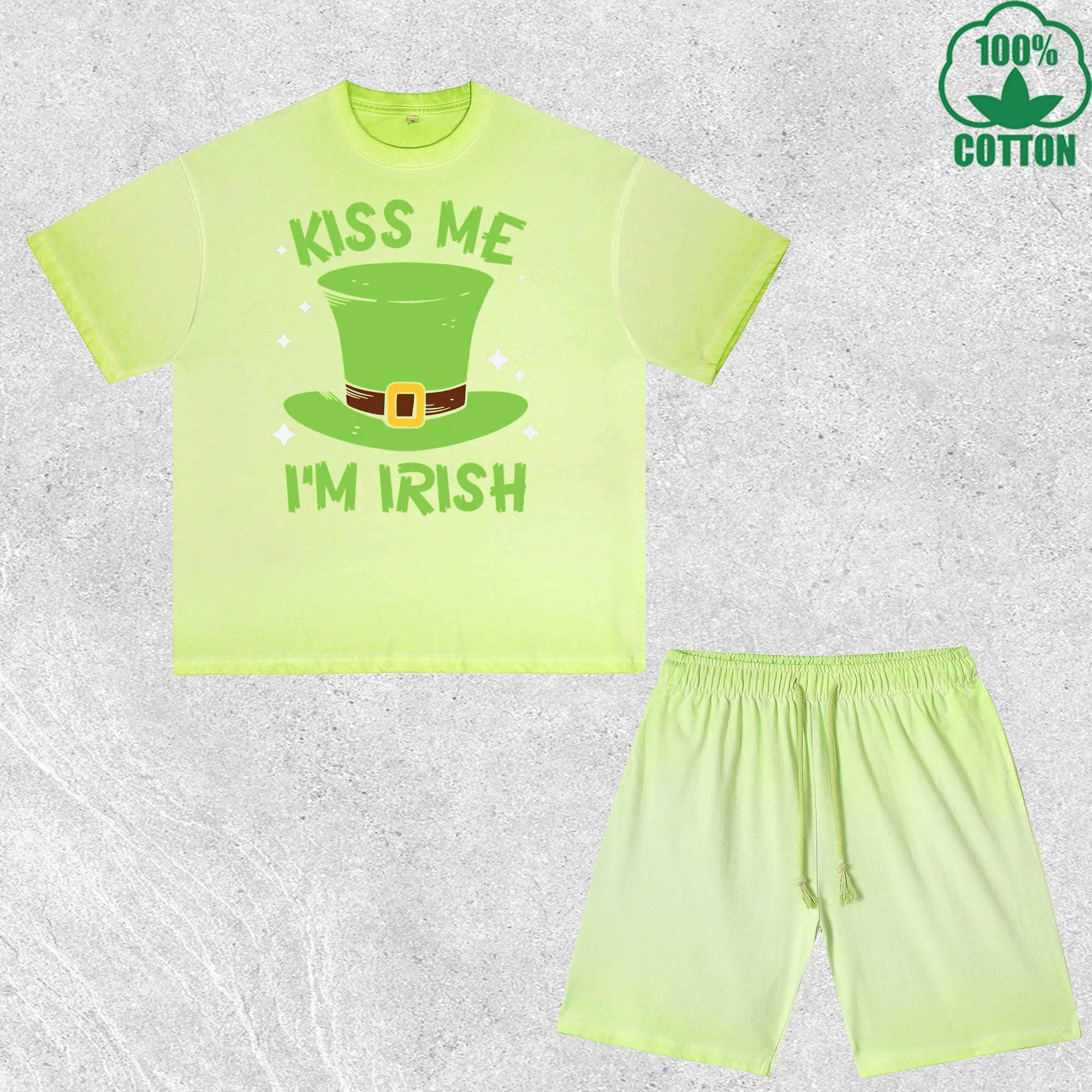 Kiss Me Im Irish Printed Dirty Wash T-Shirt Shorts Set Multicolor Combo Loose Trendy Fashionable 100%Cotton Short Value Pack