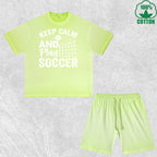 Keep Calm Soccer Printed Dirty Wash T-Shirt Shorts Set Multicolor Combo Loose Trendy Fashionable 100%Cotton