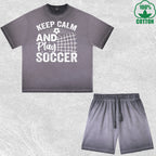 Keep Calm Soccer Printed Dirty Wash T-Shirt Shorts Set Multicolor Combo Loose Trendy Fashionable 100%Cotton