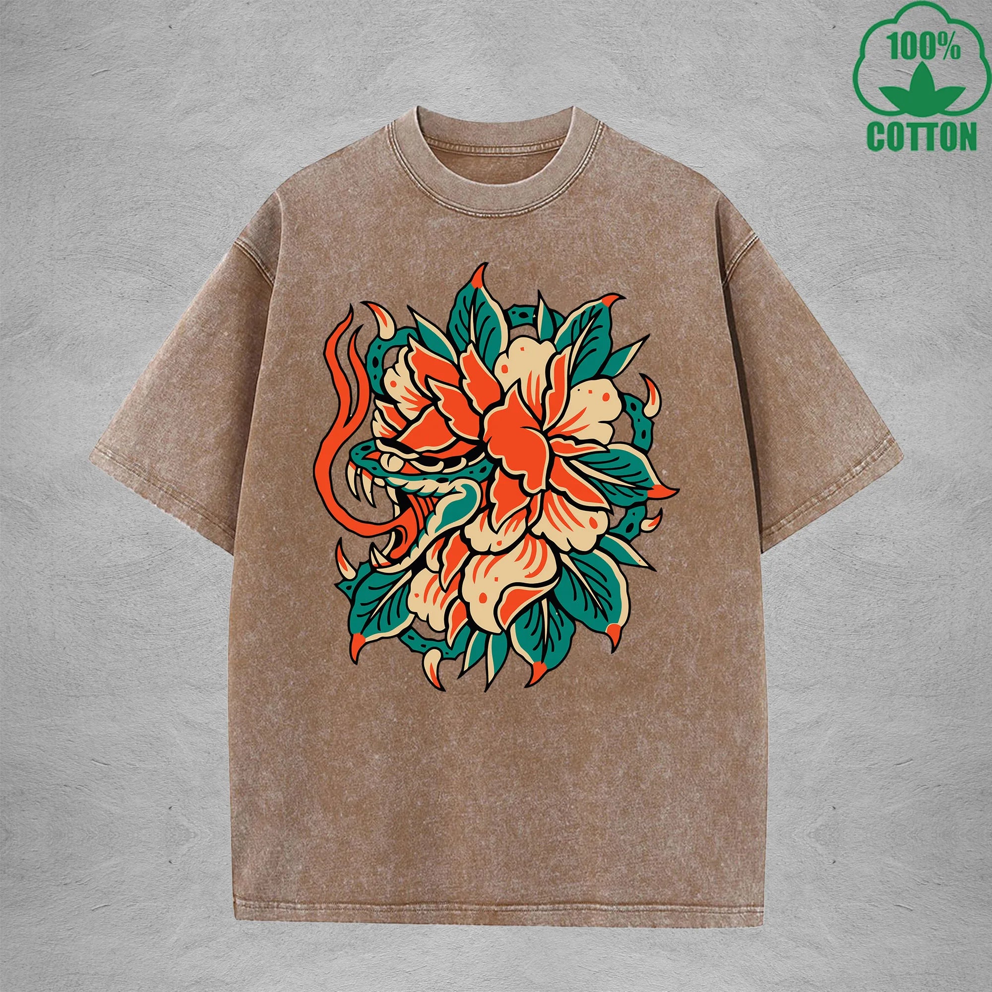 Hidden ViperInterest Printed Washed T-Shirt 230G Multicolor Loose Trendy Fashionable 100%Cotton Short Sleeve Top