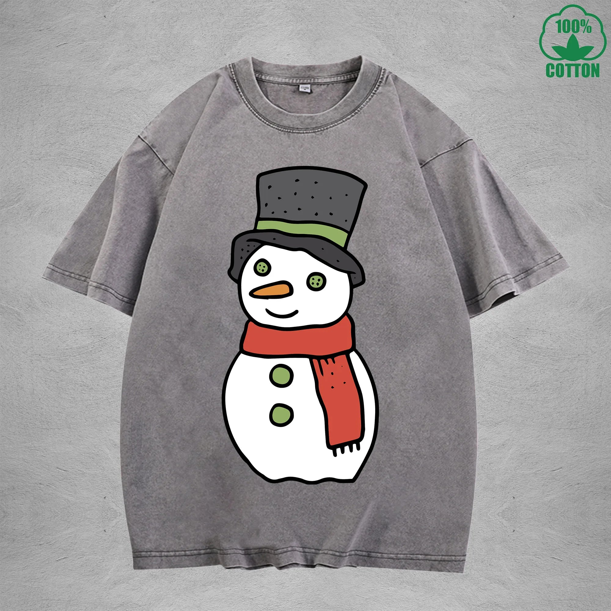 Christmas Snowman Interest Printed Washed T-Shirt 230G Multicolor Loose Trendy Fashionable 100%Cotton Short Sleeve Top