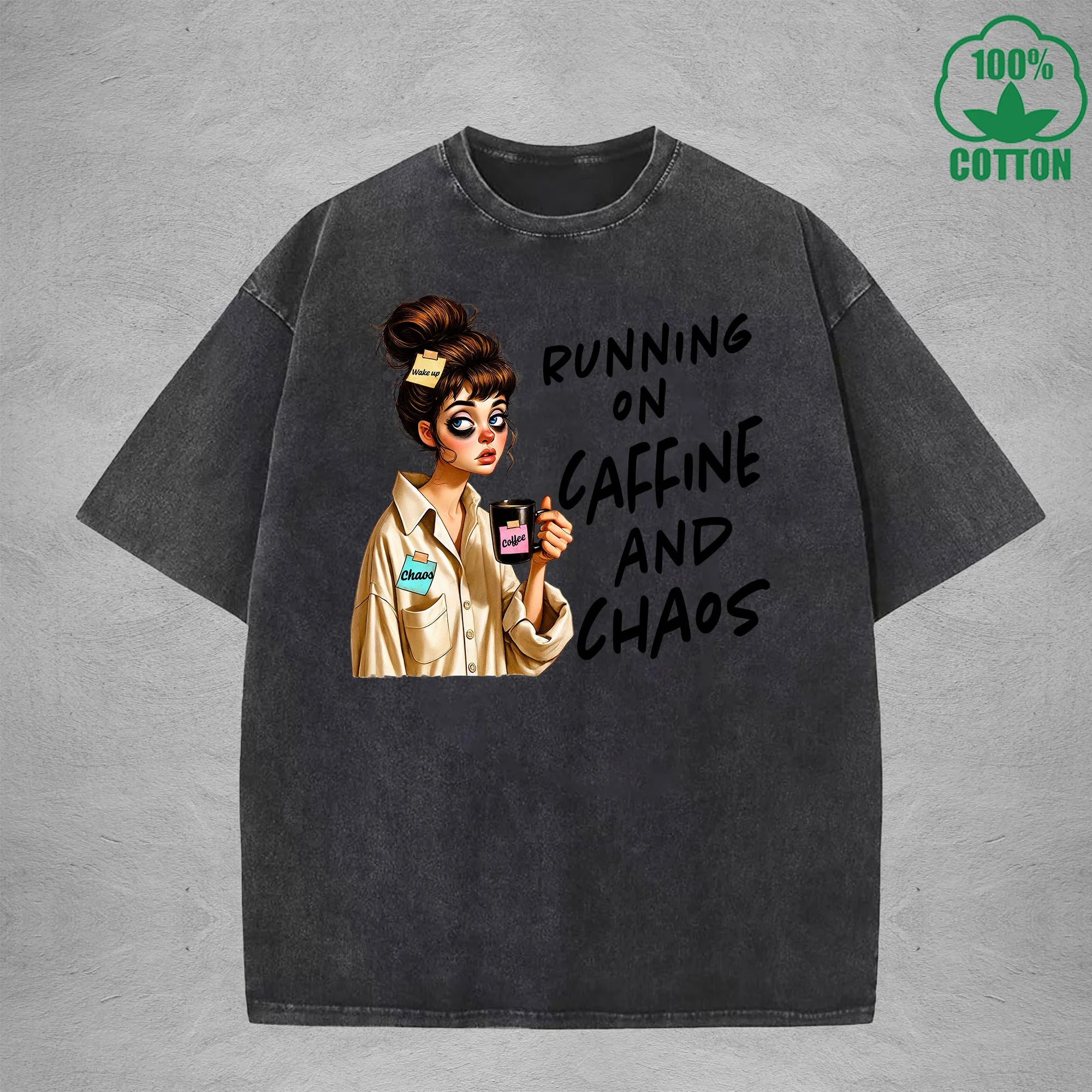 Running on CaffineInterest Printed Washed T-Shirt 230G Loose Trendy Fashionable 100%Cotton Short Sleeve Top