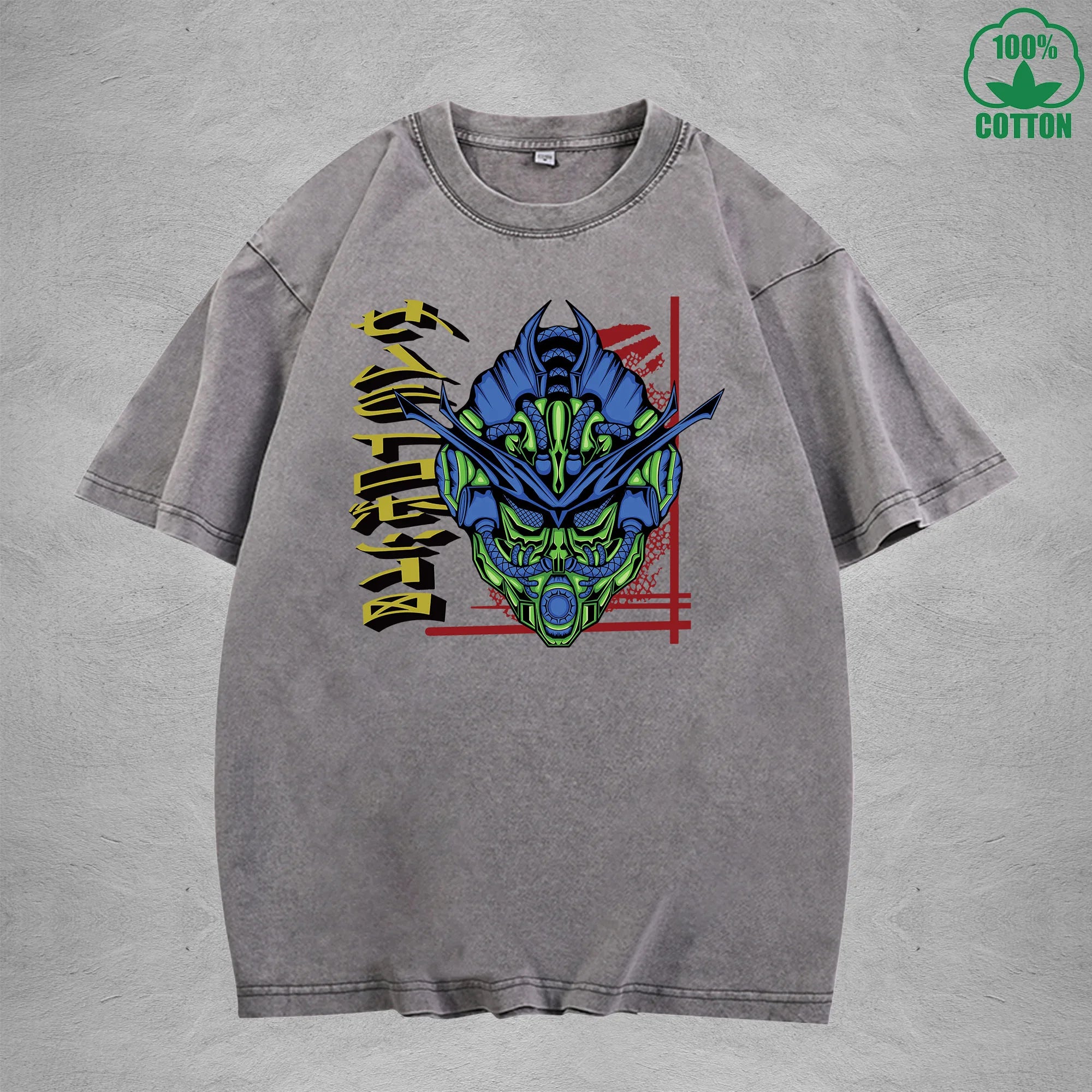 Combat Mecha Interest Printed Washed T-Shirt 230G Multicolor Loose Trendy Fashionable 100%Cotton Short Sleeve Top
