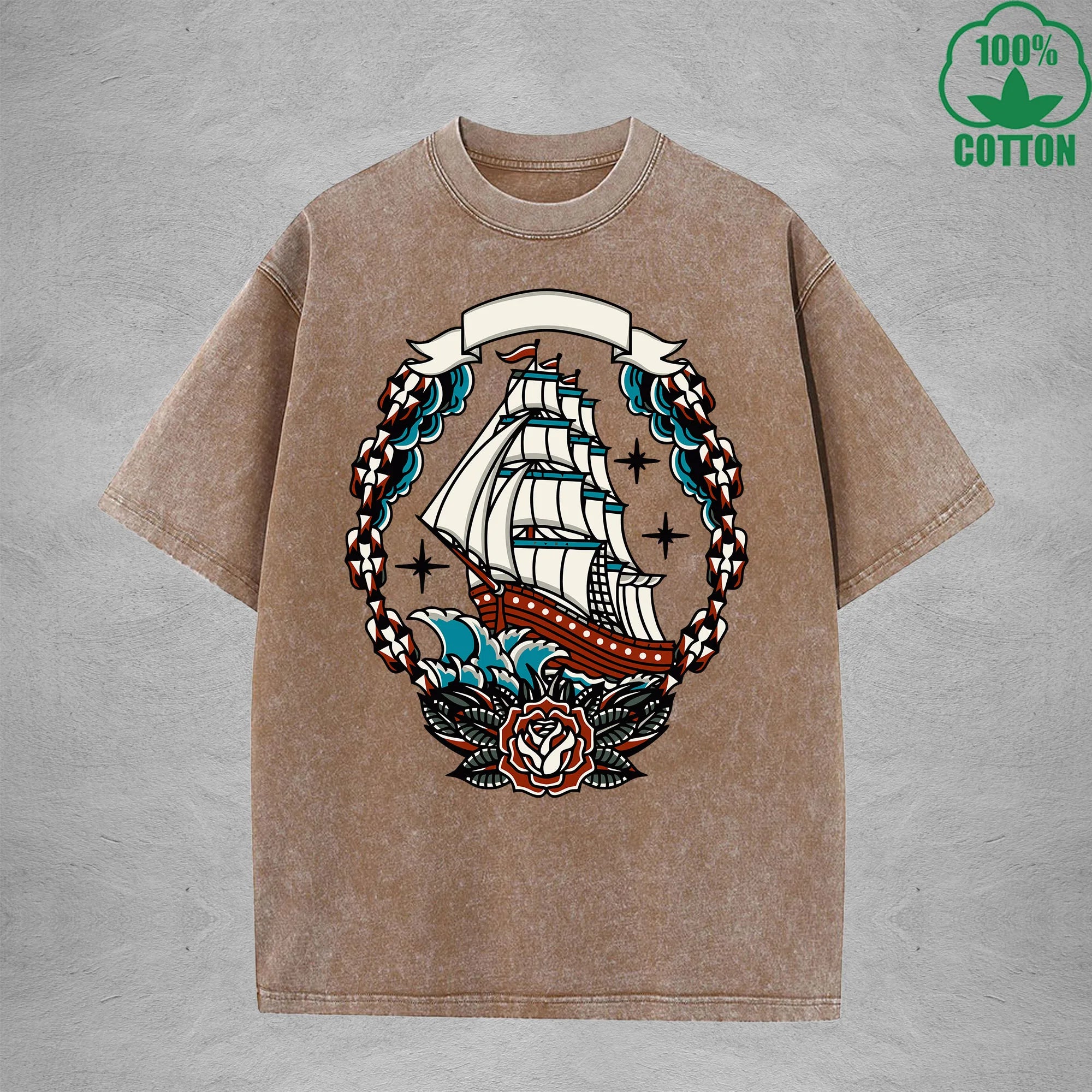 Naval AdventureInterest Printed Washed T-Shirt 230G Multicolor Loose Trendy Fashionable 100%Cotton Short Sleeve Top