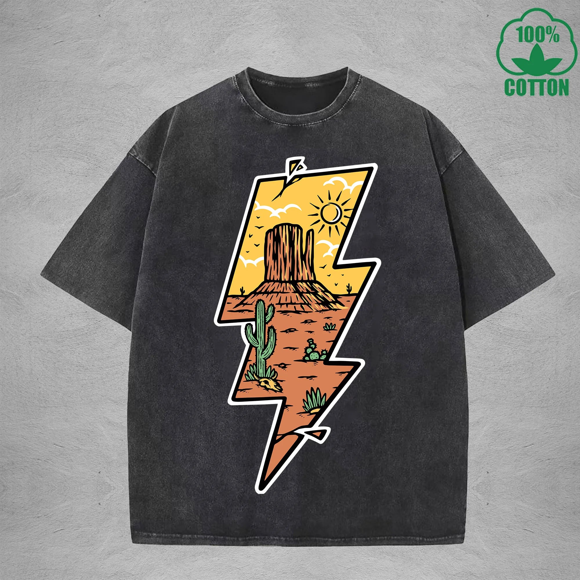 Lightning Desert Interest Printed Washed T-Shirt 230G Multicolor Loose Trendy Fashionable 100%Cotton Short Sleeve Top