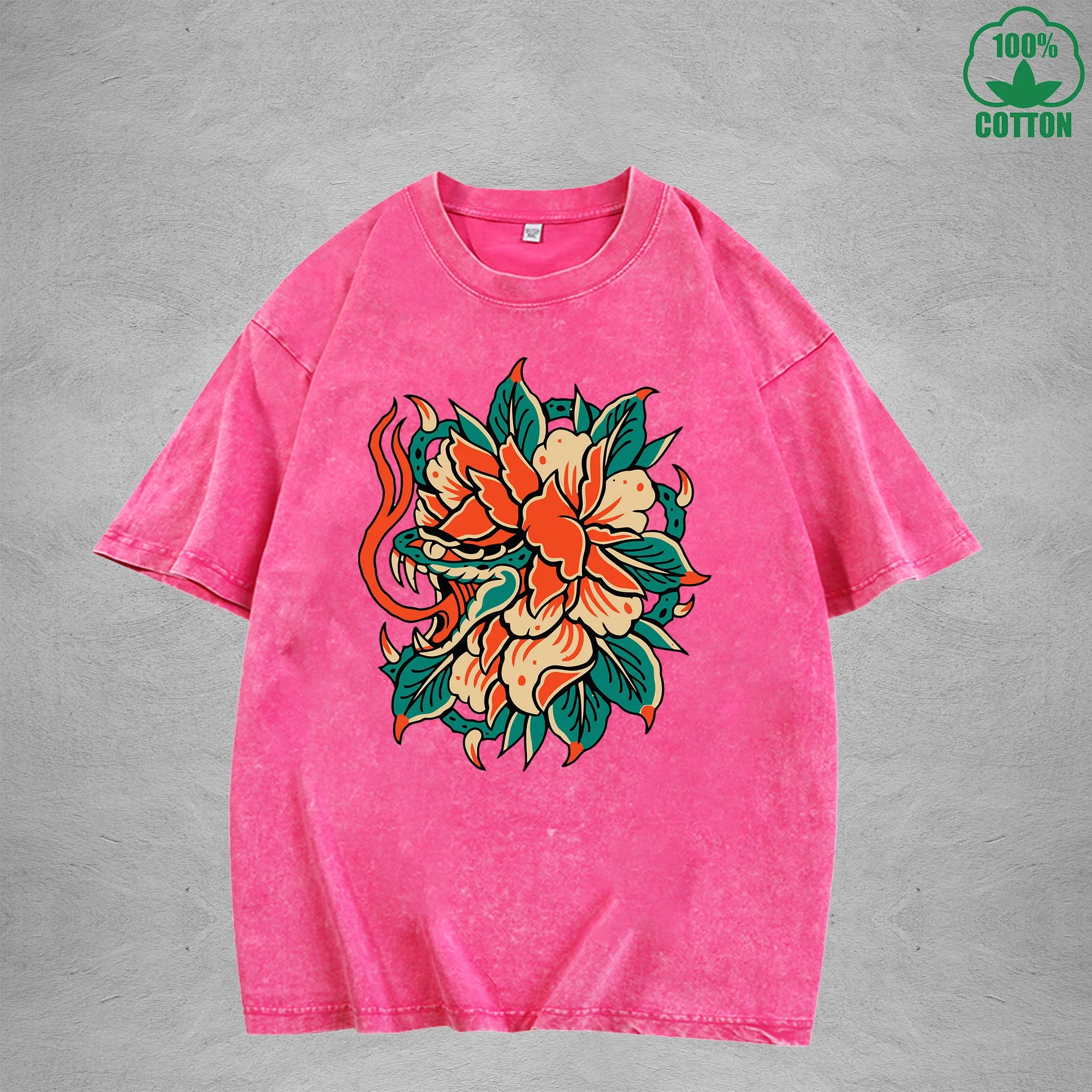 Hidden ViperInterest Printed Washed T-Shirt 230G Multicolor Loose Trendy Fashionable 100%Cotton Short Sleeve Top