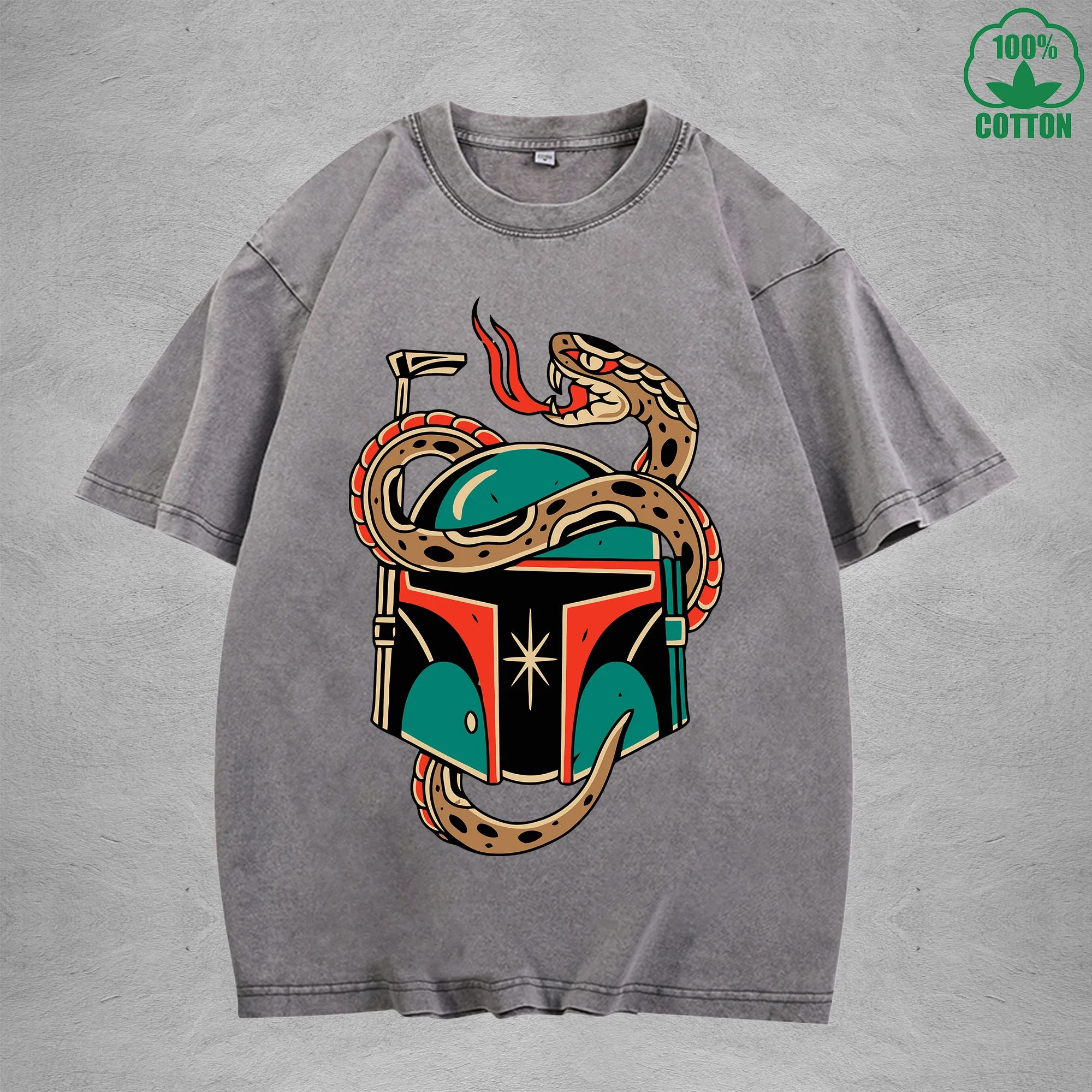 Deadly SnakeInterest Printed Washed T-Shirt 230G Multicolor Loose Trendy Fashionable 100%Cotton Short Sleeve Top