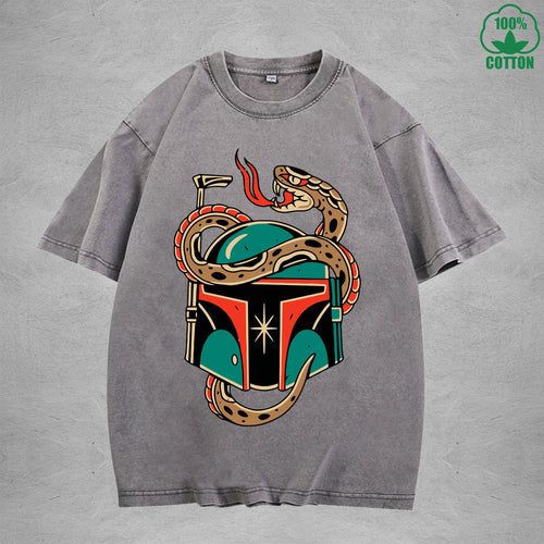 Deadly SnakeInterest Printed Washed T-Shirt 230G Multicolor Loose Trendy Fashionable 100%Cotton Short Sleeve Top