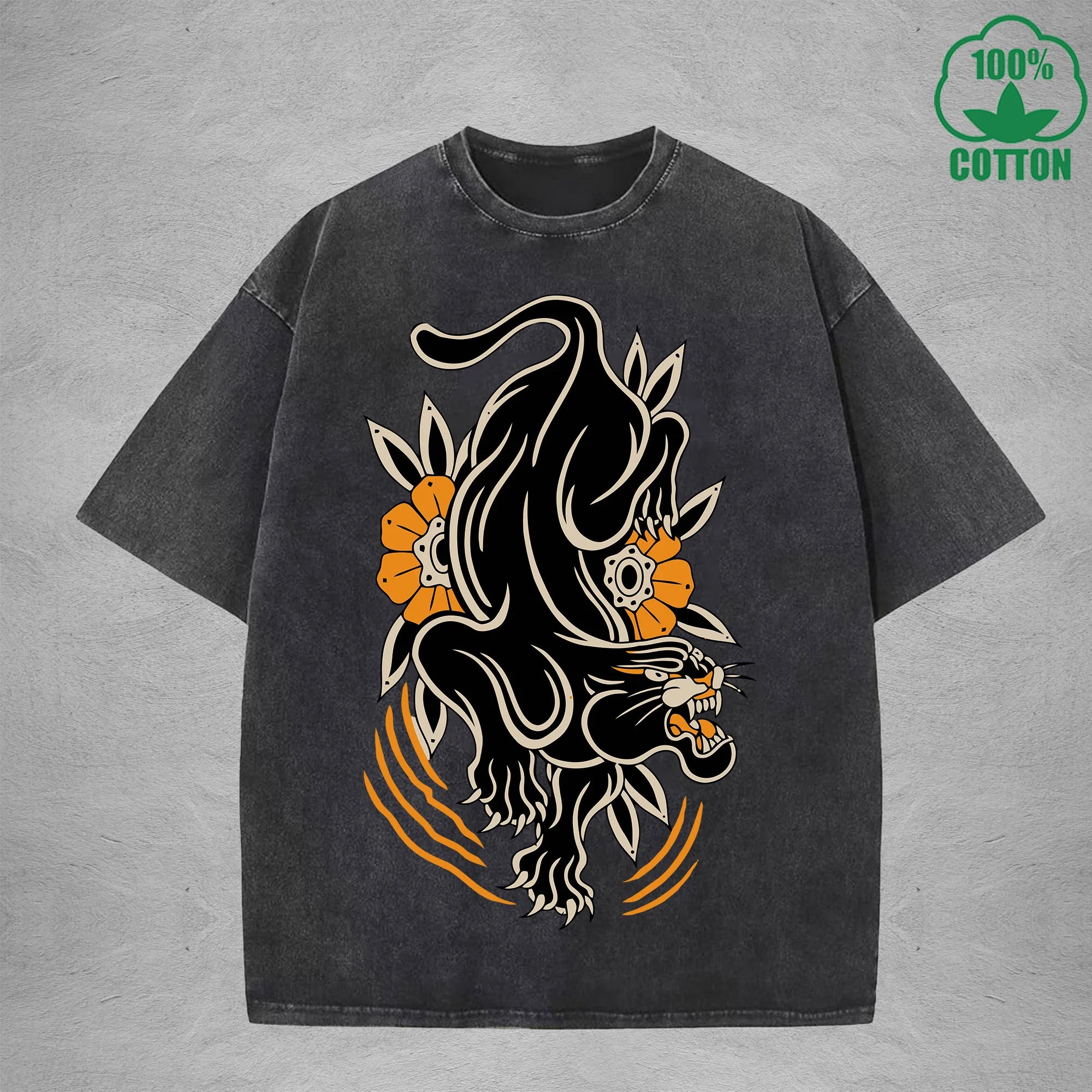Black PantherInterest Printed Washed T-Shirt 230G Multicolor Loose Trendy Fashionable 100%Cotton Short Sleeve Top