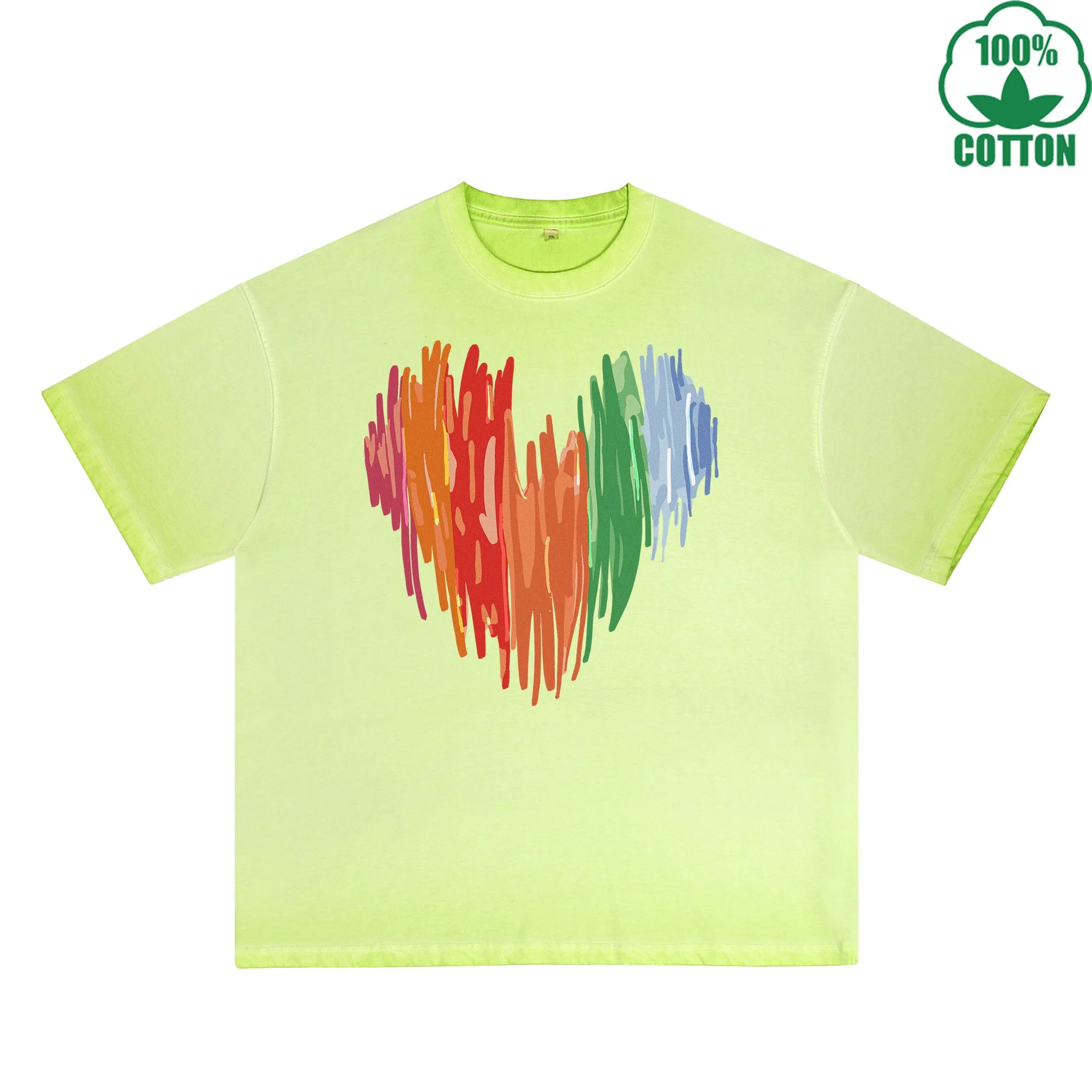 Colorful Heart Printed Dirty WashT-Shirt 230G Multicolor Loose Trendy Short Sleeves Fashionable 100%Cotton Top