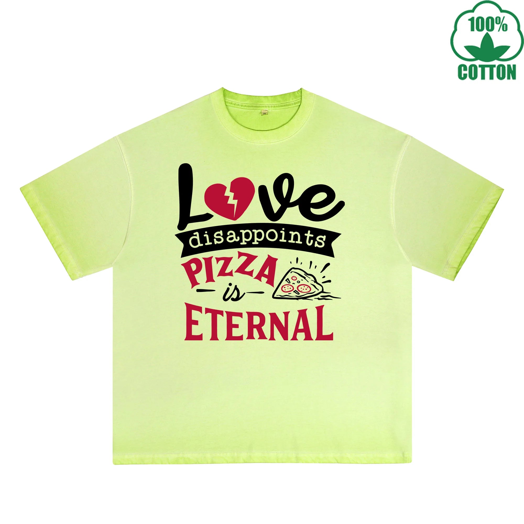 Love Disappoints Pizza Printed Dirty Wash T-Shirt 230G Multicolor Loose Trendy Fashionable 100%Cotton Short Sleeve Top