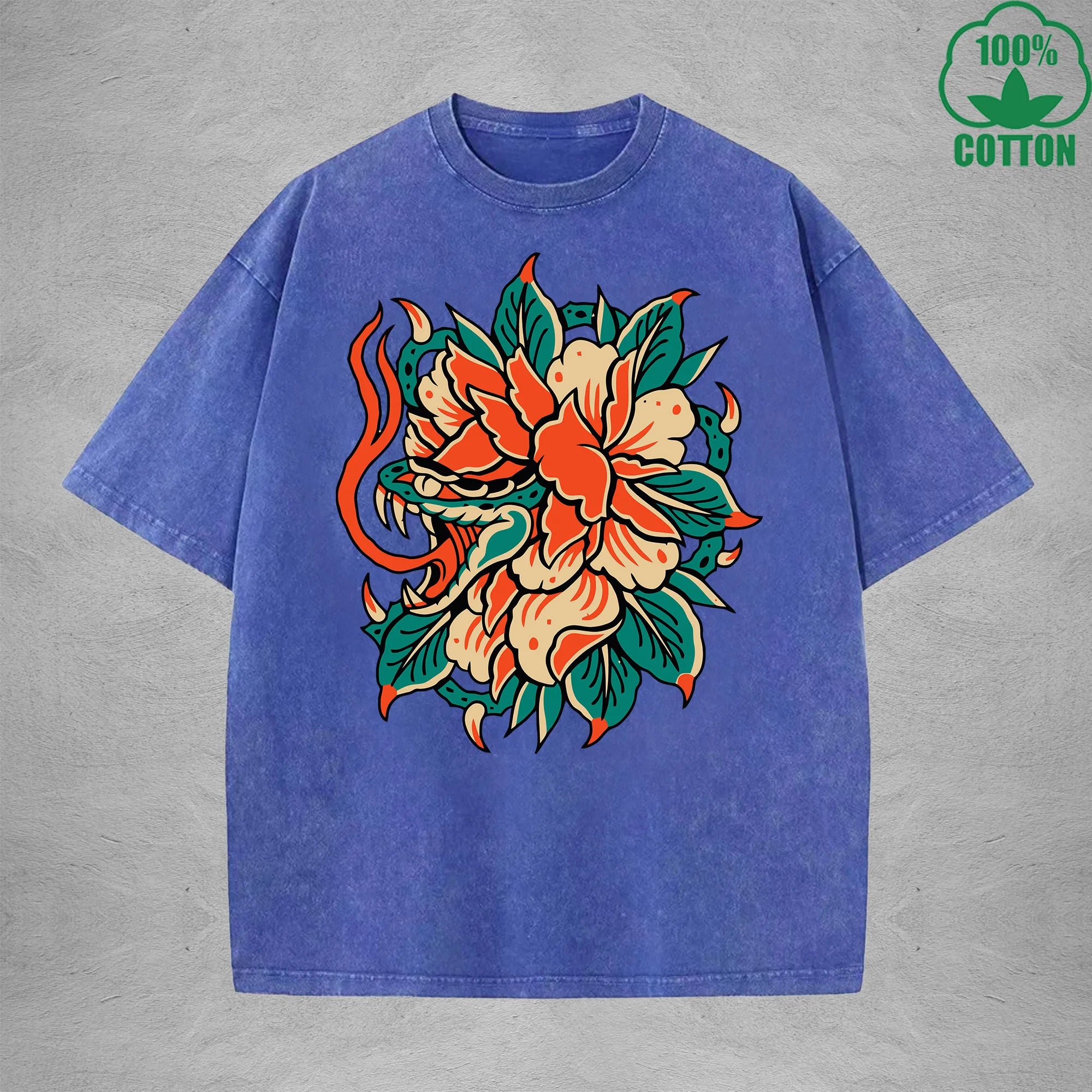 Hidden ViperInterest Printed Washed T-Shirt 230G Multicolor Loose Trendy Fashionable 100%Cotton Short Sleeve Top