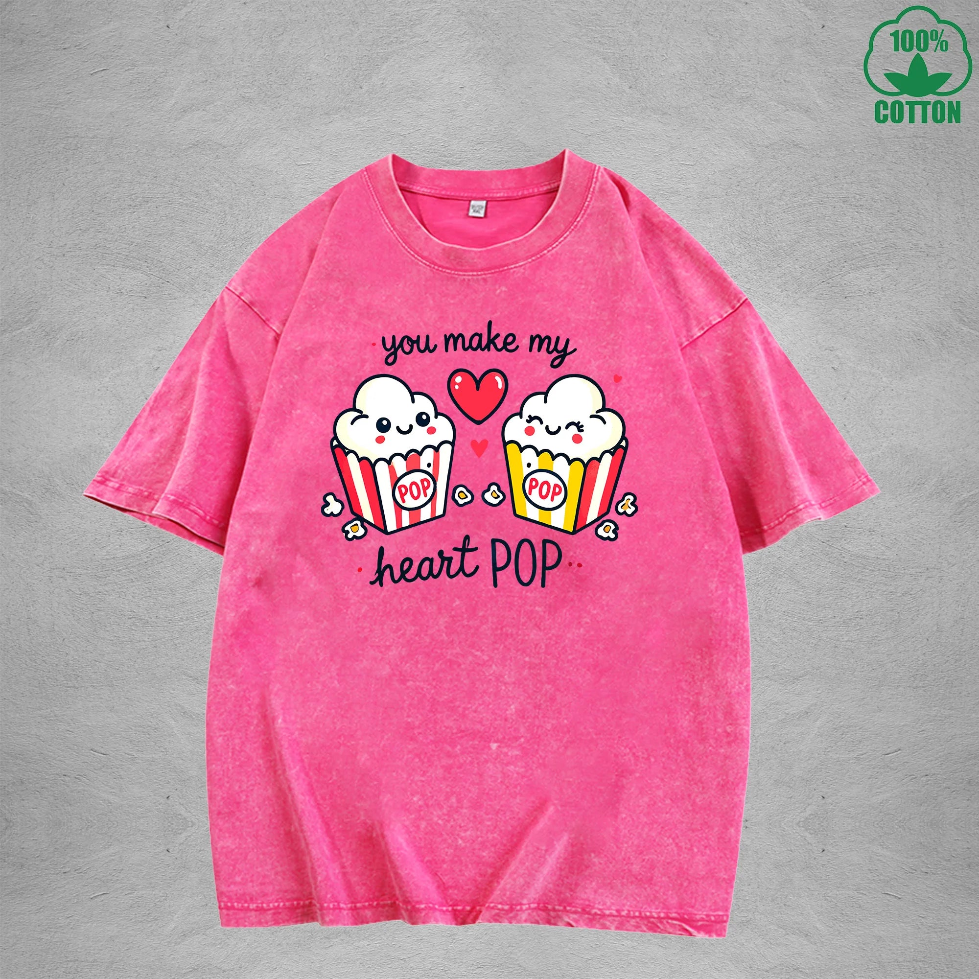 You Make My Heait PopInterest Printed Washed T-Shirt 230G Loose Trendy Fashionable 100%Cotton Short Sleeve Top