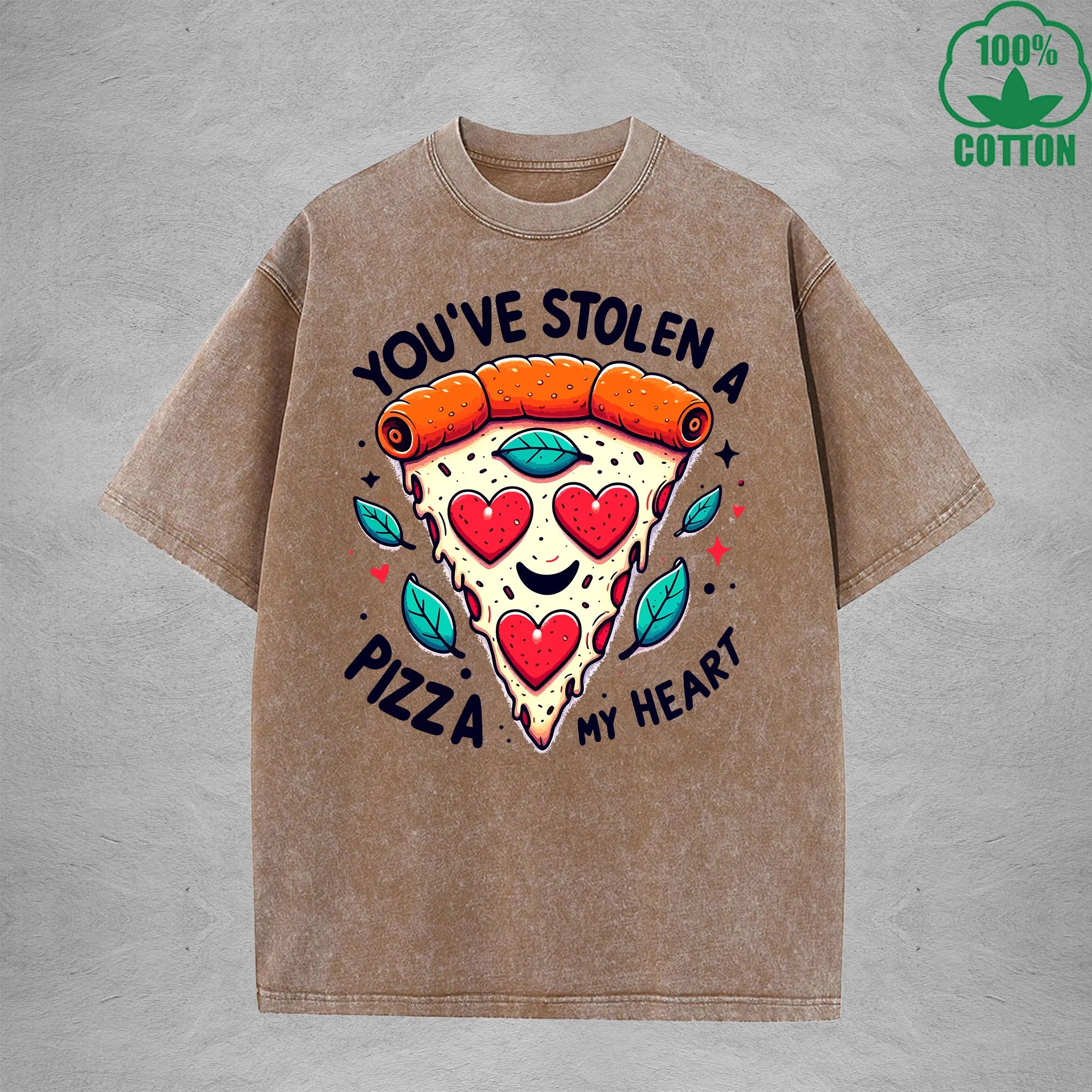 A Pizza My HeartInterest Printed Washed T-Shirt 230G Loose Trendy Fashionable 100%Cotton Short Sleeve Top