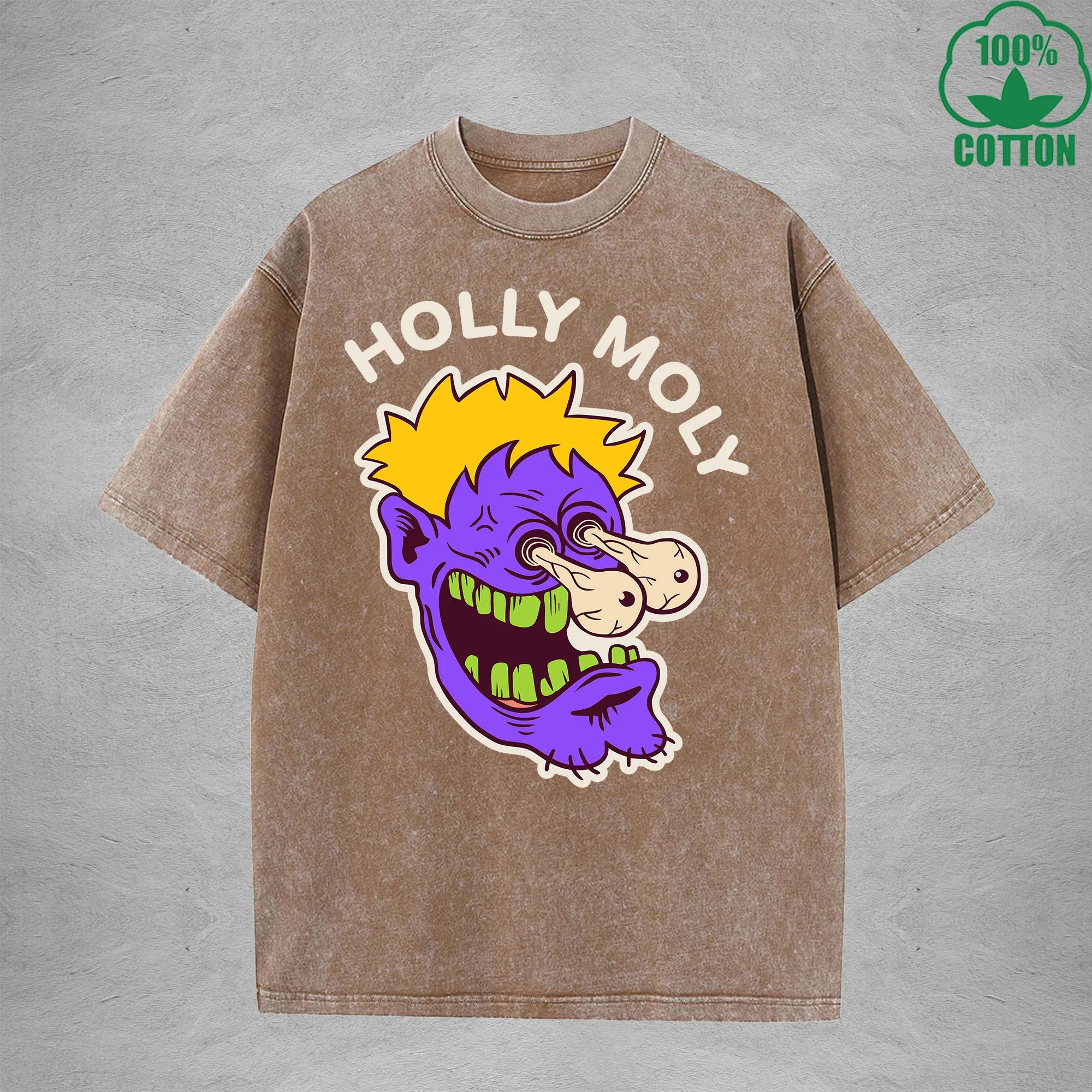 Holly MolyInterest Printed Washed T-Shirt 230G Loose Trendy Fashionable 100%Cotton Short Sleeve Top
