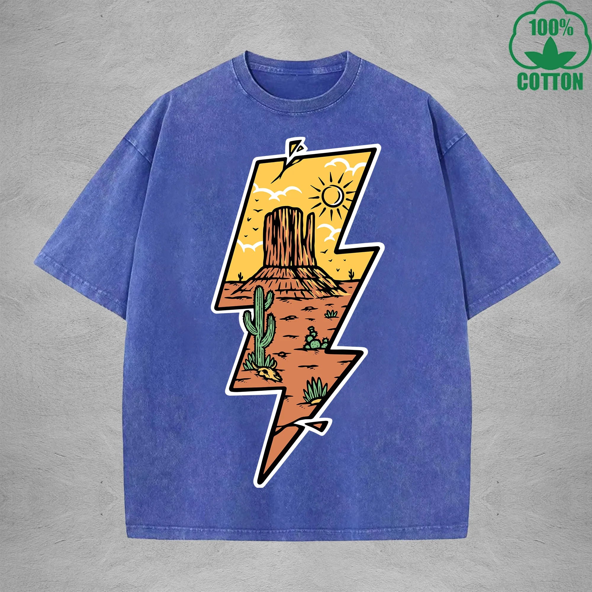 Lightning Desert Interest Printed Washed T-Shirt 230G Multicolor Loose Trendy Fashionable 100%Cotton Short Sleeve Top