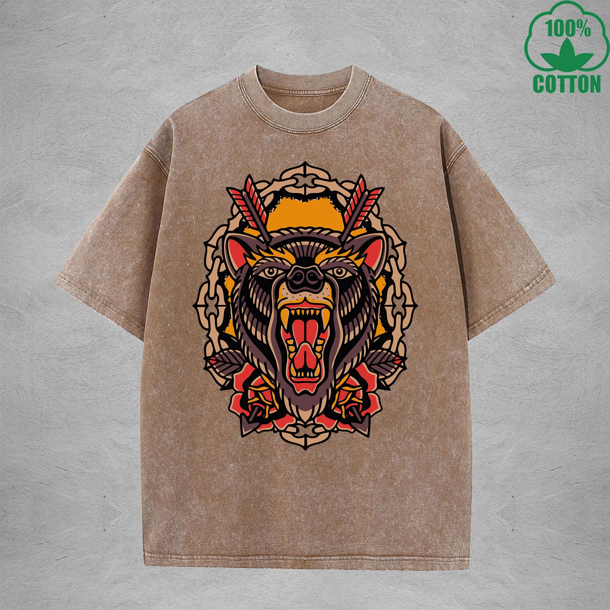 Giant BearInterest Printed Washed T-Shirt 230G Multicolor Loose Trendy Fashionable 100%Cotton Short Sleeve Top