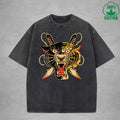 Two Faced TigerInterest Printed Washed T-Shirt 230G Multicolor Loose Trendy Fashionable 100%Cotton Short Sleeve Top
