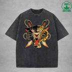 Two Faced TigerInterest Printed Washed T-Shirt 230G Multicolor Loose Trendy Fashionable 100%Cotton Short Sleeve Top