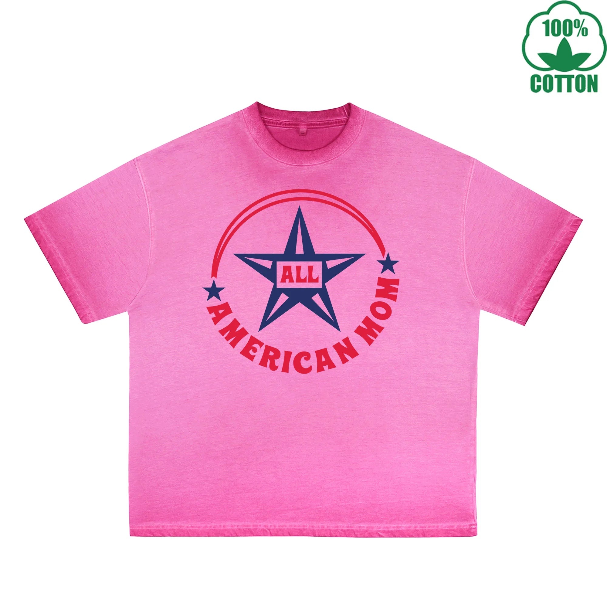 All American Mom Printed Dirty Wash T-Shirt 230G Multicolor Loose Trendy Fashionable 100%Cotton Short Sleeve Top