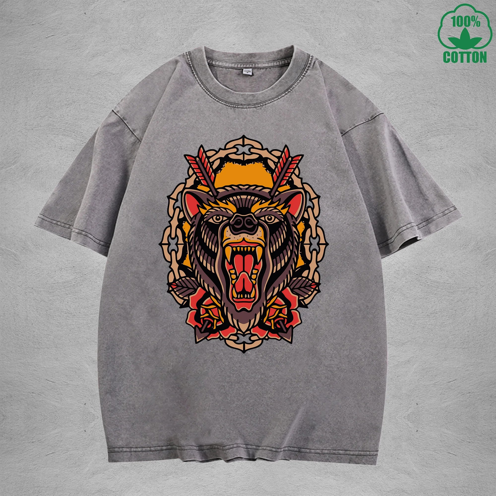 Giant BearInterest Printed Washed T-Shirt 230G Multicolor Loose Trendy Fashionable 100%Cotton Short Sleeve Top