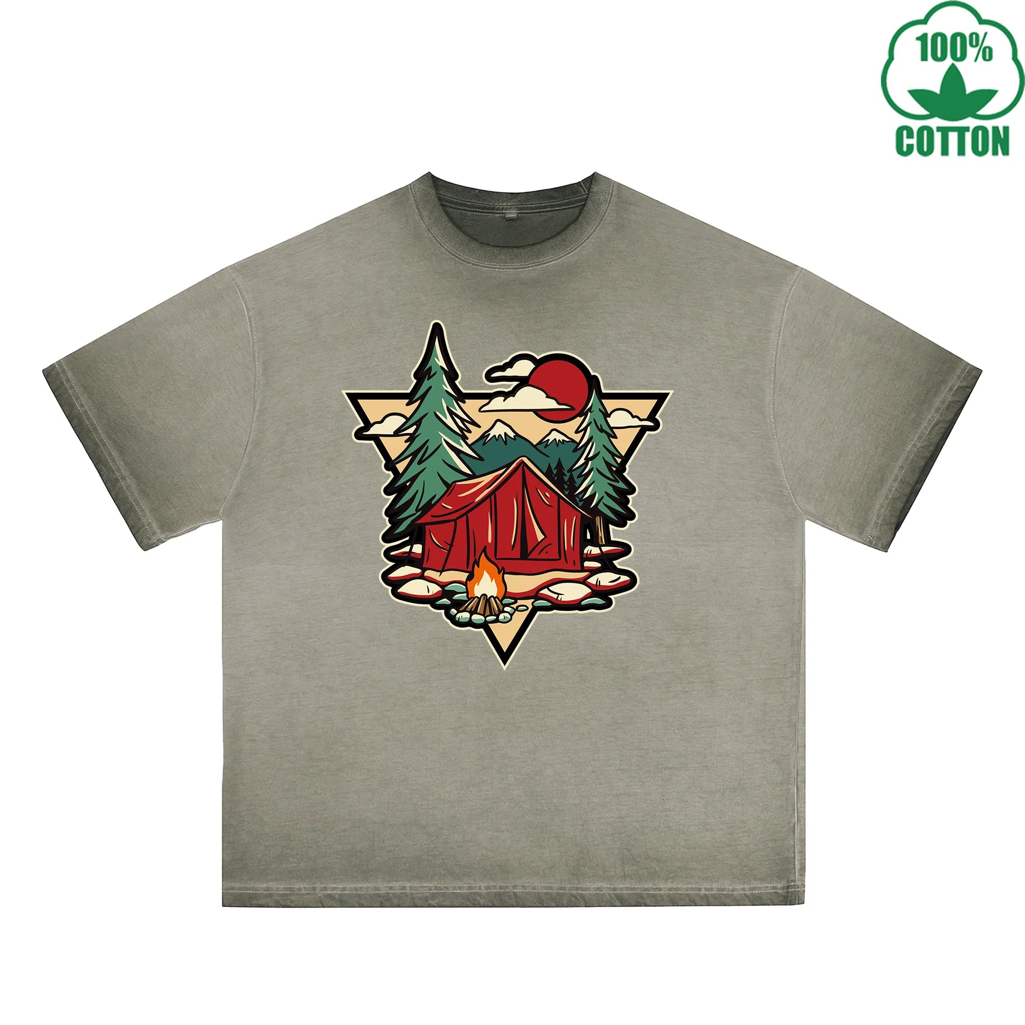 Camping Enthusiast Printed Dirty WashT-Shirt 230G Multicolor Loose Trendy Short Sleeves Fashionable 100%Cotton Top