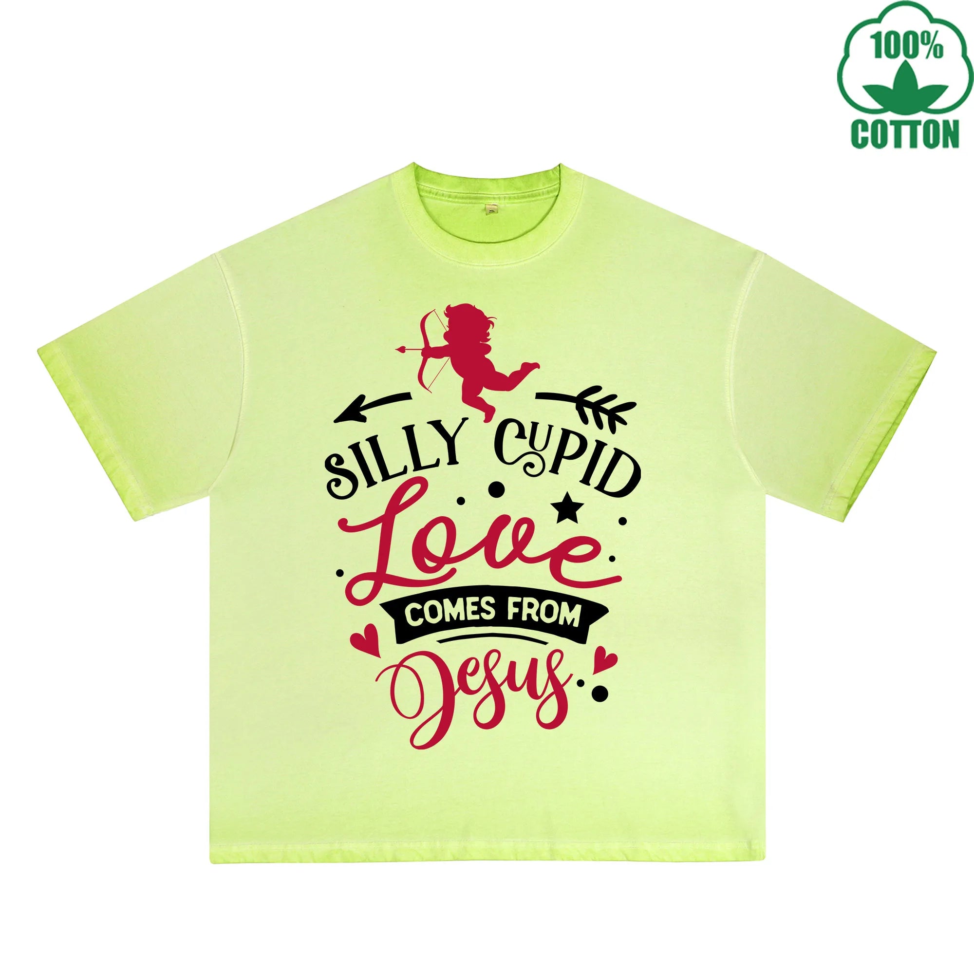 Silly God of Love Printed Dirty Wash T-Shirt 230G Multicolor Loose Trendy Fashionable 100%Cotton Short Sleeve Top