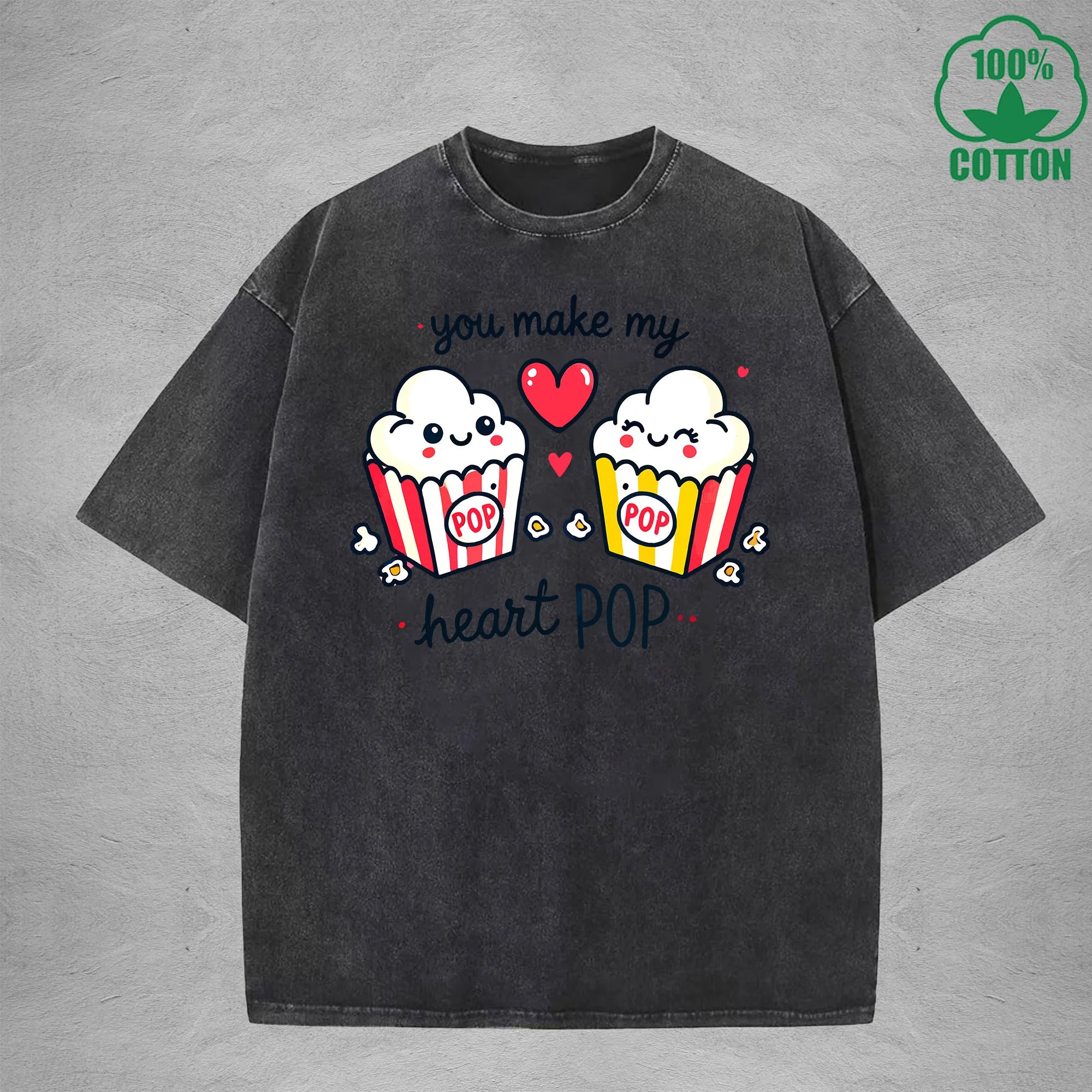 You Make My Heait PopInterest Printed Washed T-Shirt 230G Loose Trendy Fashionable 100%Cotton Short Sleeve Top