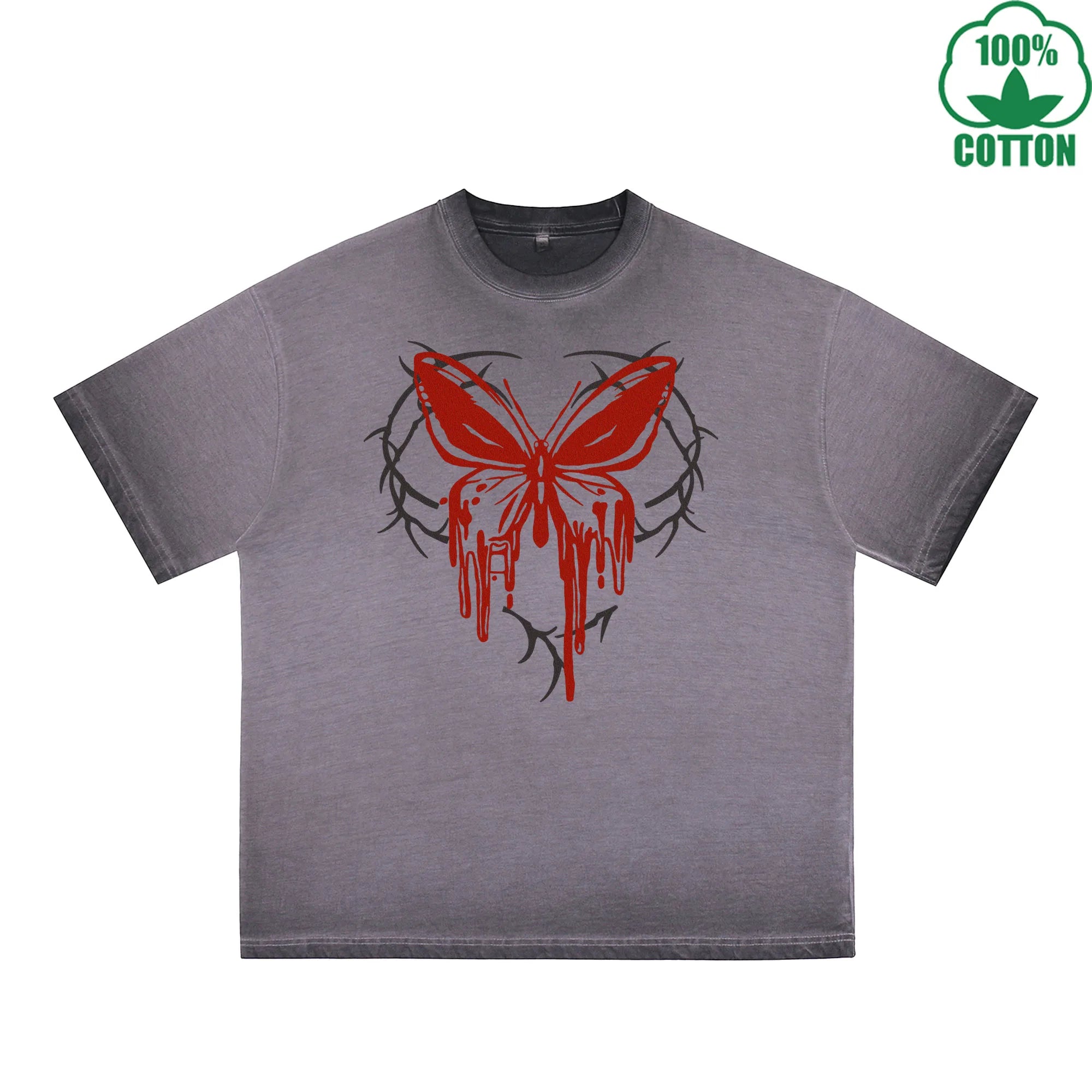 Blood Butterfly Printed Dirty WashT-Shirt 230G Multicolor Loose Trendy Fashionable 100%Cotton Short Sleeve Top
