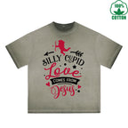 Silly God of Love Printed Dirty Wash T-Shirt 230G Multicolor Loose Trendy Fashionable 100%Cotton Short Sleeve Top