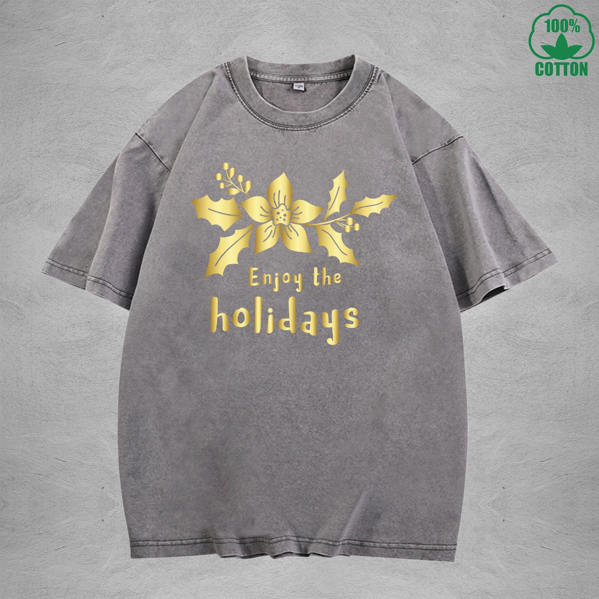 Merry Christmas Interest Printed Washed T-Shirt 230G Multicolor Loose Trendy Fashionable 100%Cotton Short Sleeve Top
