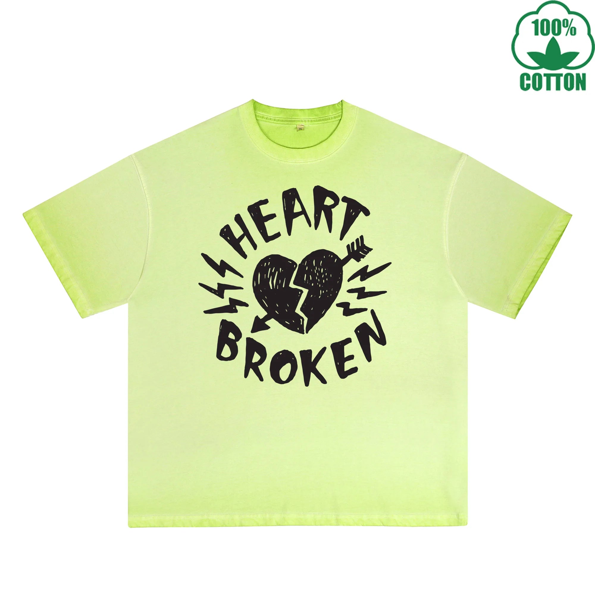 Heart Broken Printed Dirty WashT-Shirt 230G Multicolor Loose Trendy Short Sleeves Fashionable 100%Cotton Top