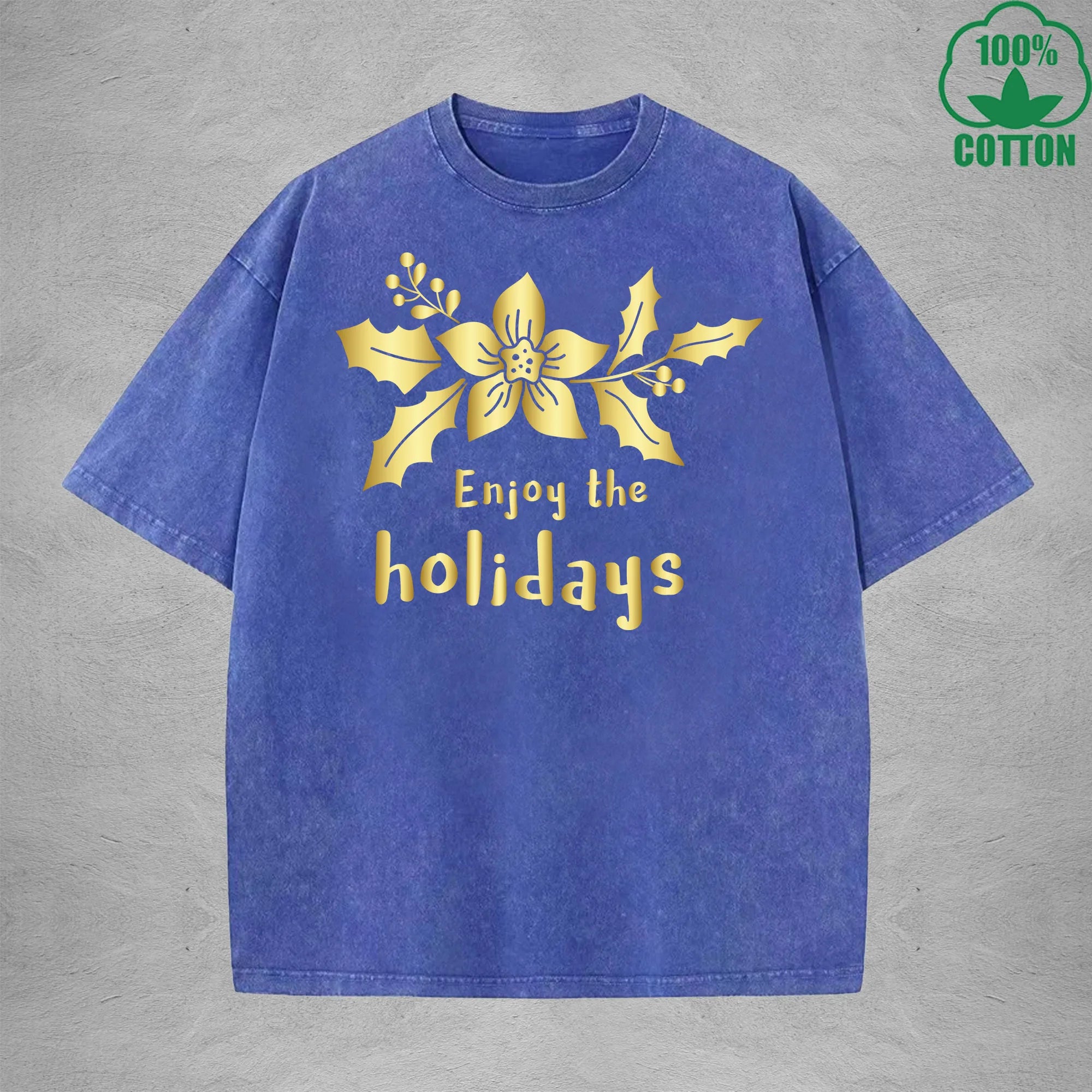 Merry Christmas Interest Printed Washed T-Shirt 230G Multicolor Loose Trendy Fashionable 100%Cotton Short Sleeve Top
