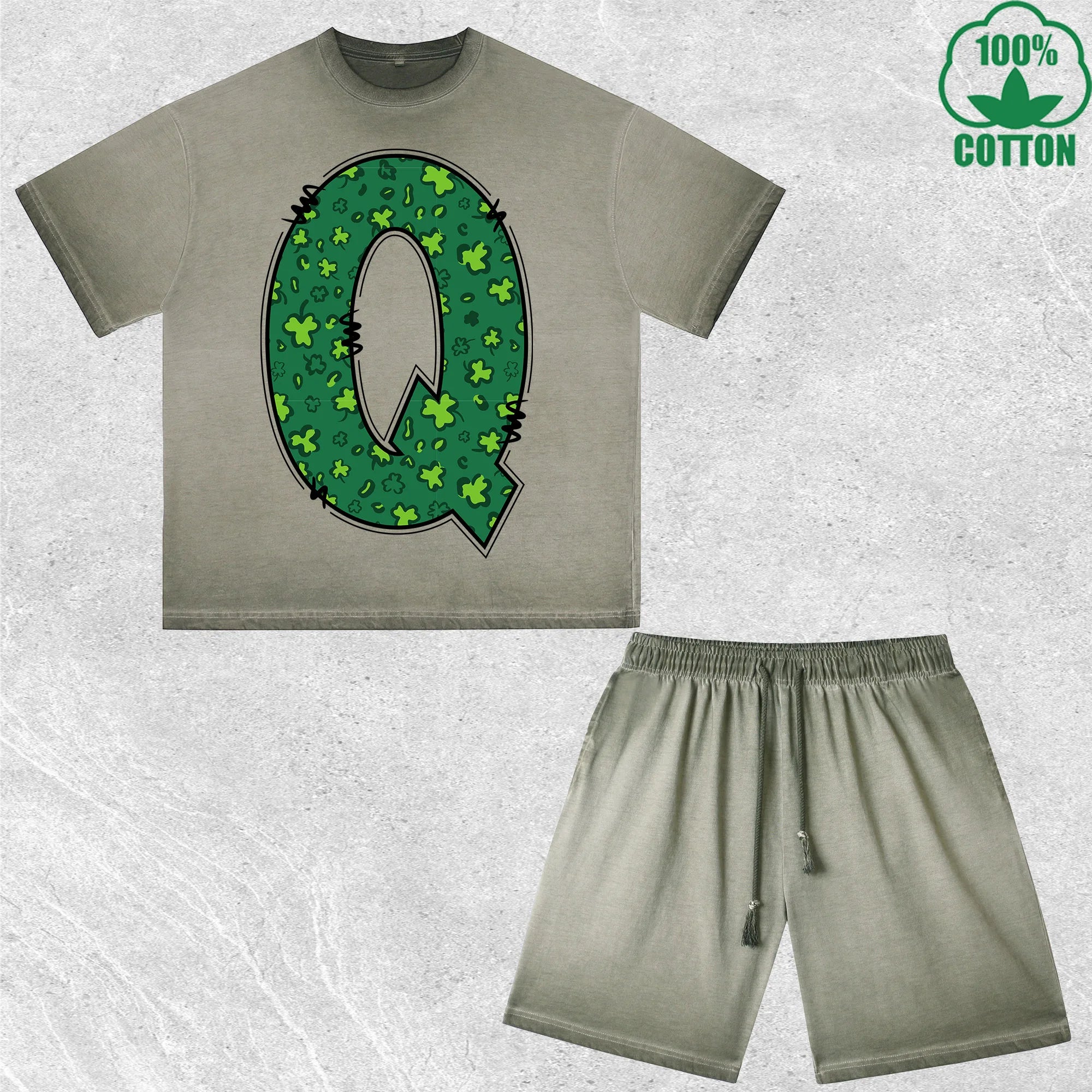 Luck Letter Q Printed Dirty Wash T-Shirt Shorts Set Multicolor Combo Loose Trendy Fashionable 100%Cotton Short Value Pack