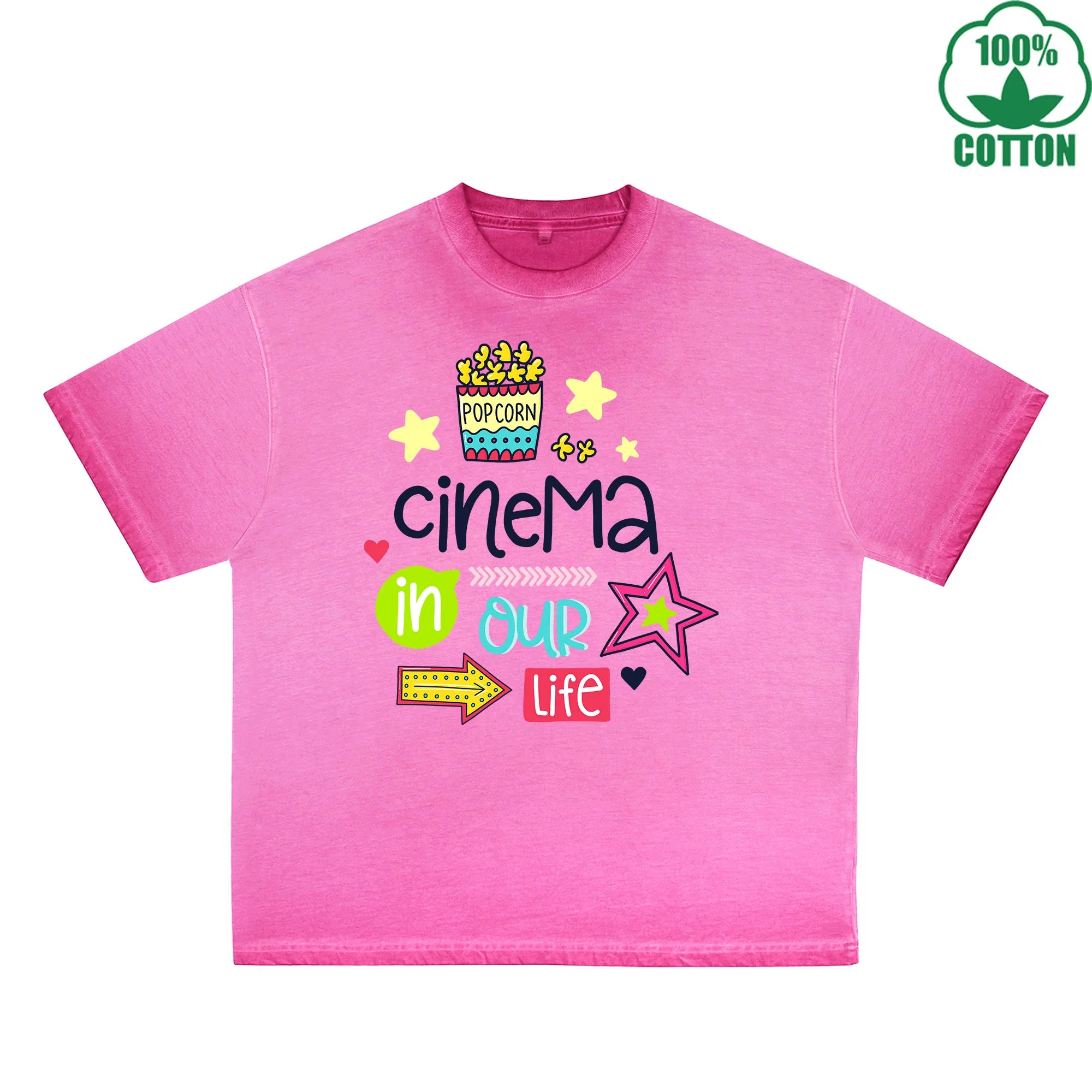 Cinema In Our Life Printed Dirty WashT-Shirt 230G Multicolor Loose Trendy Fashionable 100%Cotton Short Sleeve Top