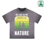 Nature Printed Dirty WashT-Shirt 230G Multicolor Loose Trendy Fashionable 100%Cotton Short Sleeve Top