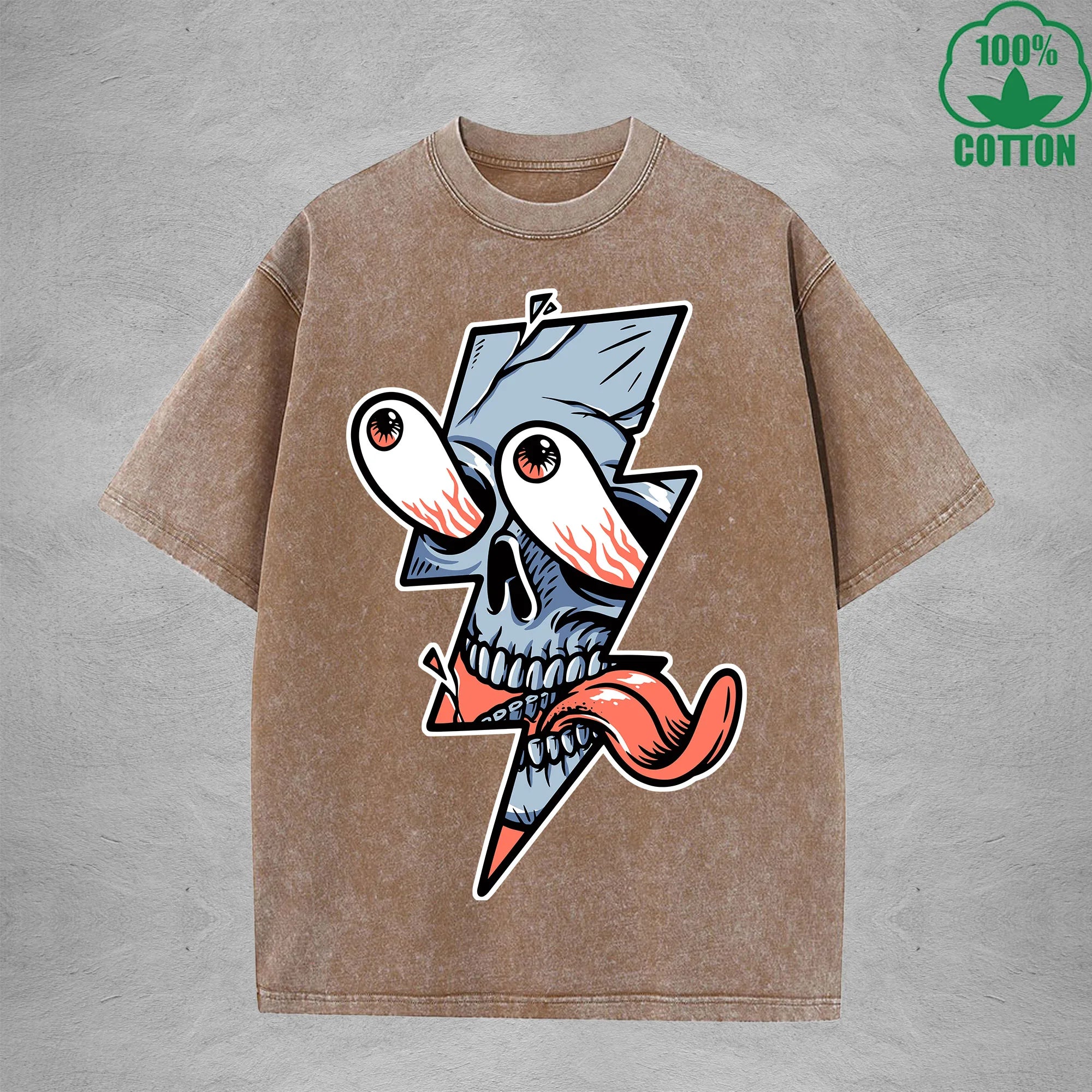 Lightning Skeleton Interest Printed Washed T-Shirt 230G Multicolor Loose Trendy Fashionable 100%Cotton Short Sleeve Top