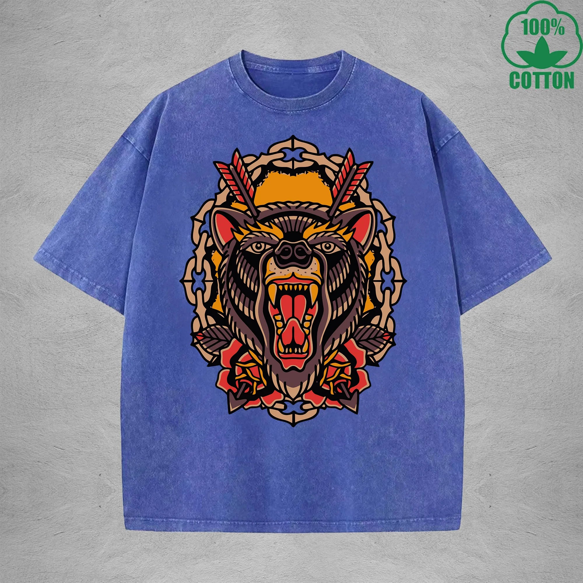 Giant BearInterest Printed Washed T-Shirt 230G Multicolor Loose Trendy Fashionable 100%Cotton Short Sleeve Top