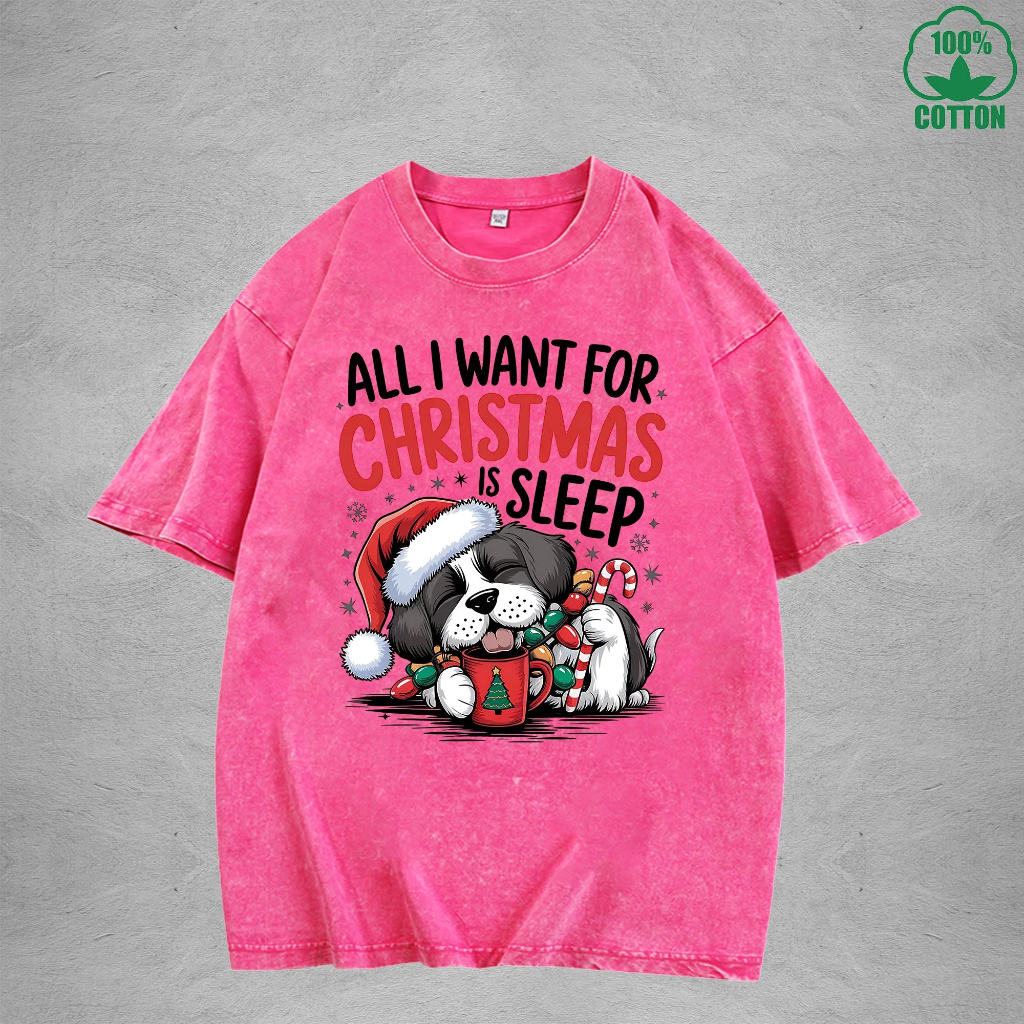 Christmas Is Sleep Interest Printed Washed T-Shirt 230G Multicolor Loose Trendy Fashionable 100%Cotton Short Sleeve Top