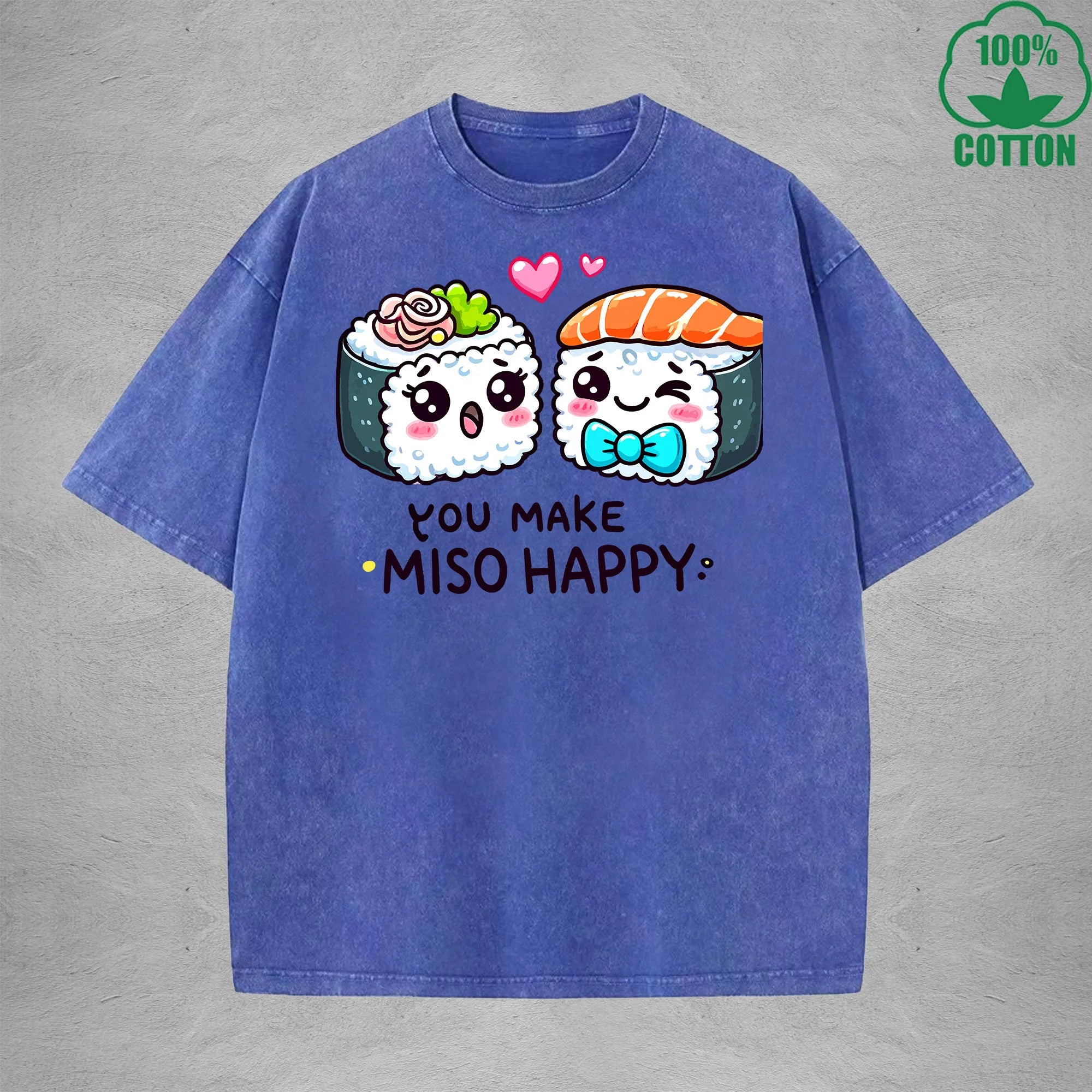 You Make Miso HappyInterest Printed Washed T-Shirt 230G Loose Trendy Fashionable 100%Cotton Short Sleeve Top