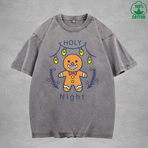 Cute Gingerbread Interest Printed Washed T-Shirt 230G Multicolor Loose Trendy Fashionable 100%Cotton Short Sleeve Top