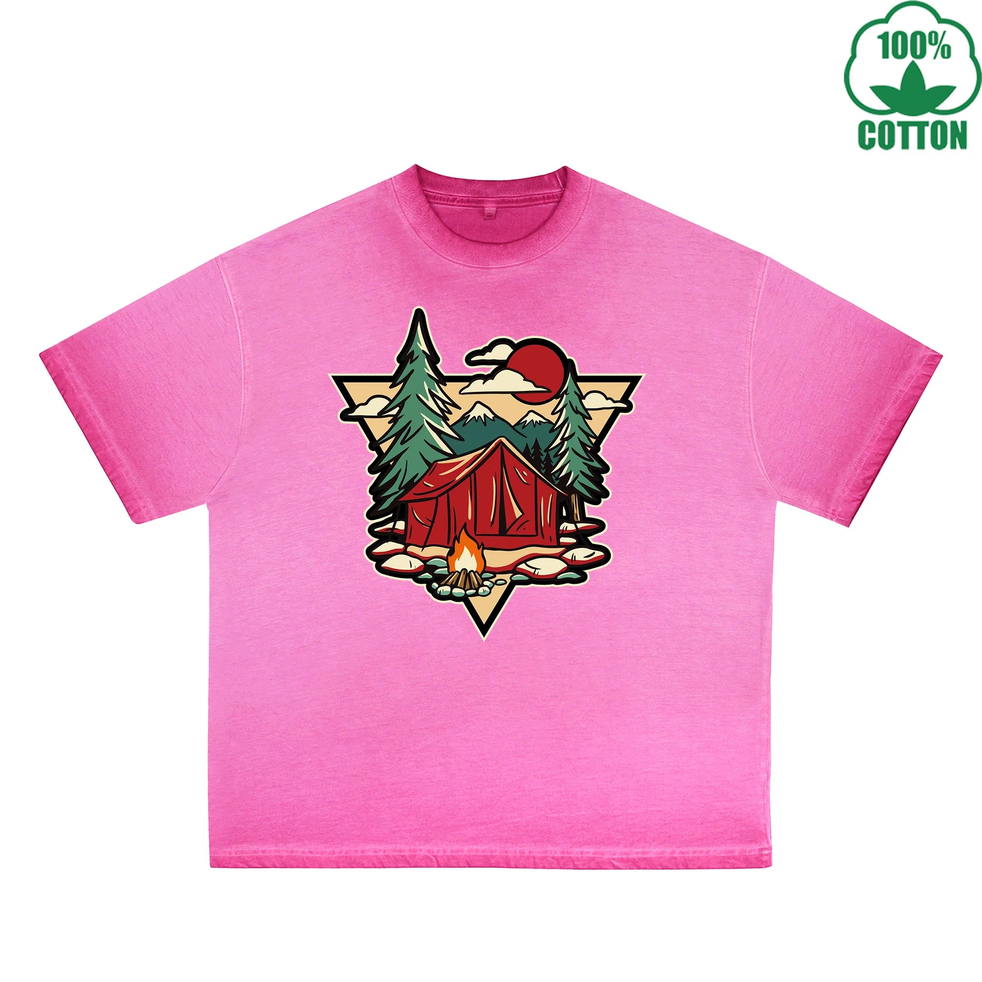 Camping Enthusiast Printed Dirty WashT-Shirt 230G Multicolor Loose Trendy Short Sleeves Fashionable 100%Cotton Top