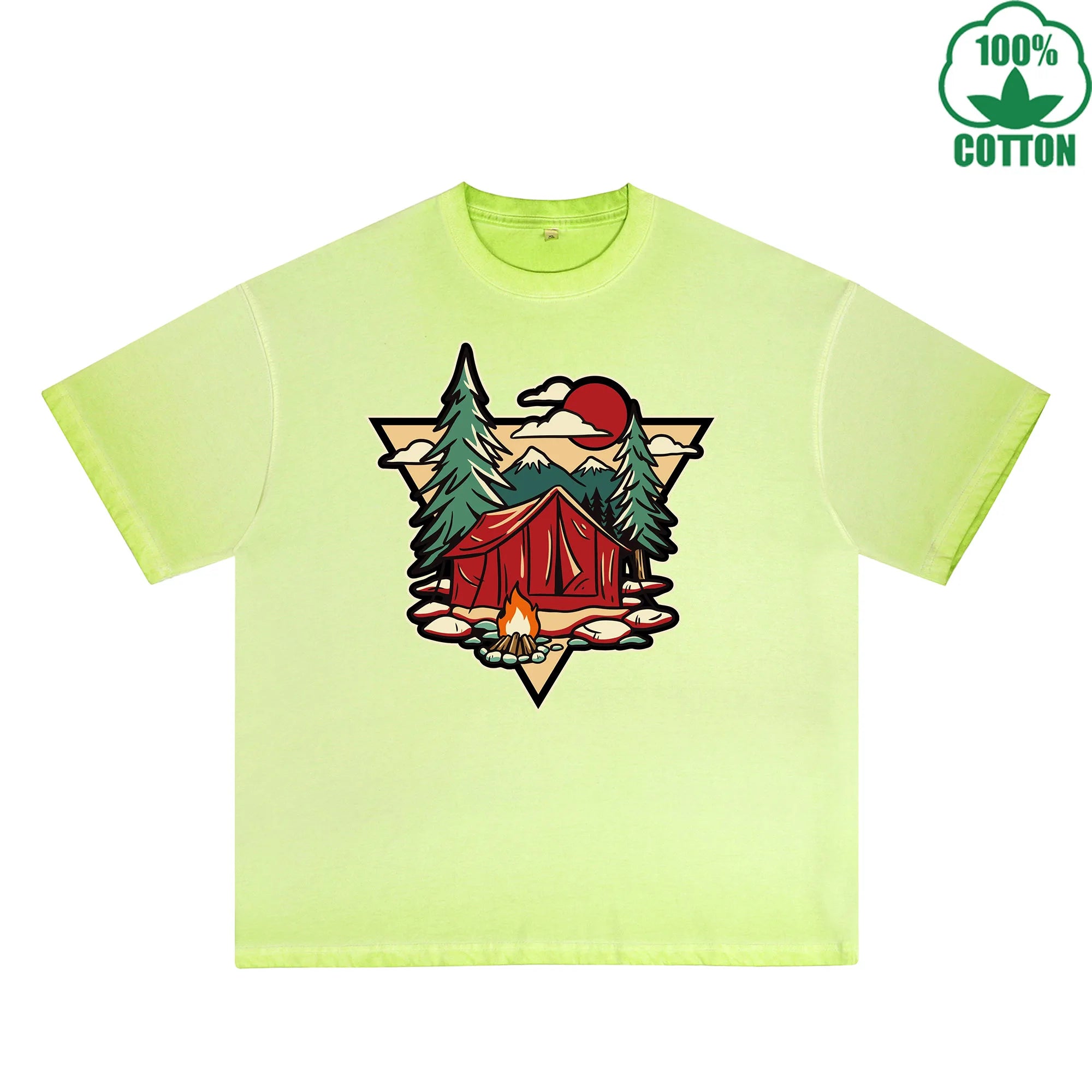 Camping Enthusiast Printed Dirty WashT-Shirt 230G Multicolor Loose Trendy Short Sleeves Fashionable 100%Cotton Top