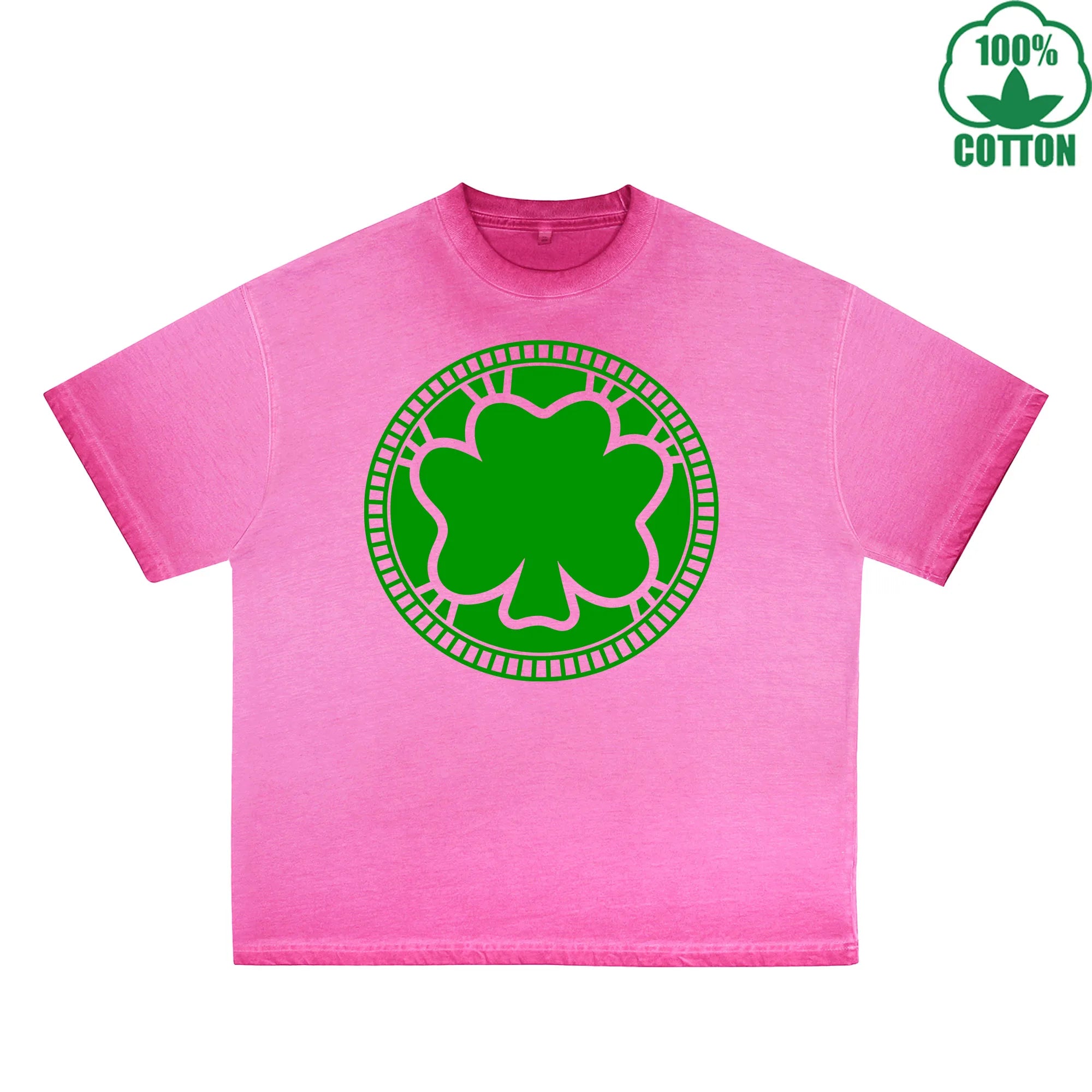clover coin Printed Dirty Wash T-Shirt 230G Multicolor Loose Trendy Fashionable 100%Cotton Short Sleeve Top