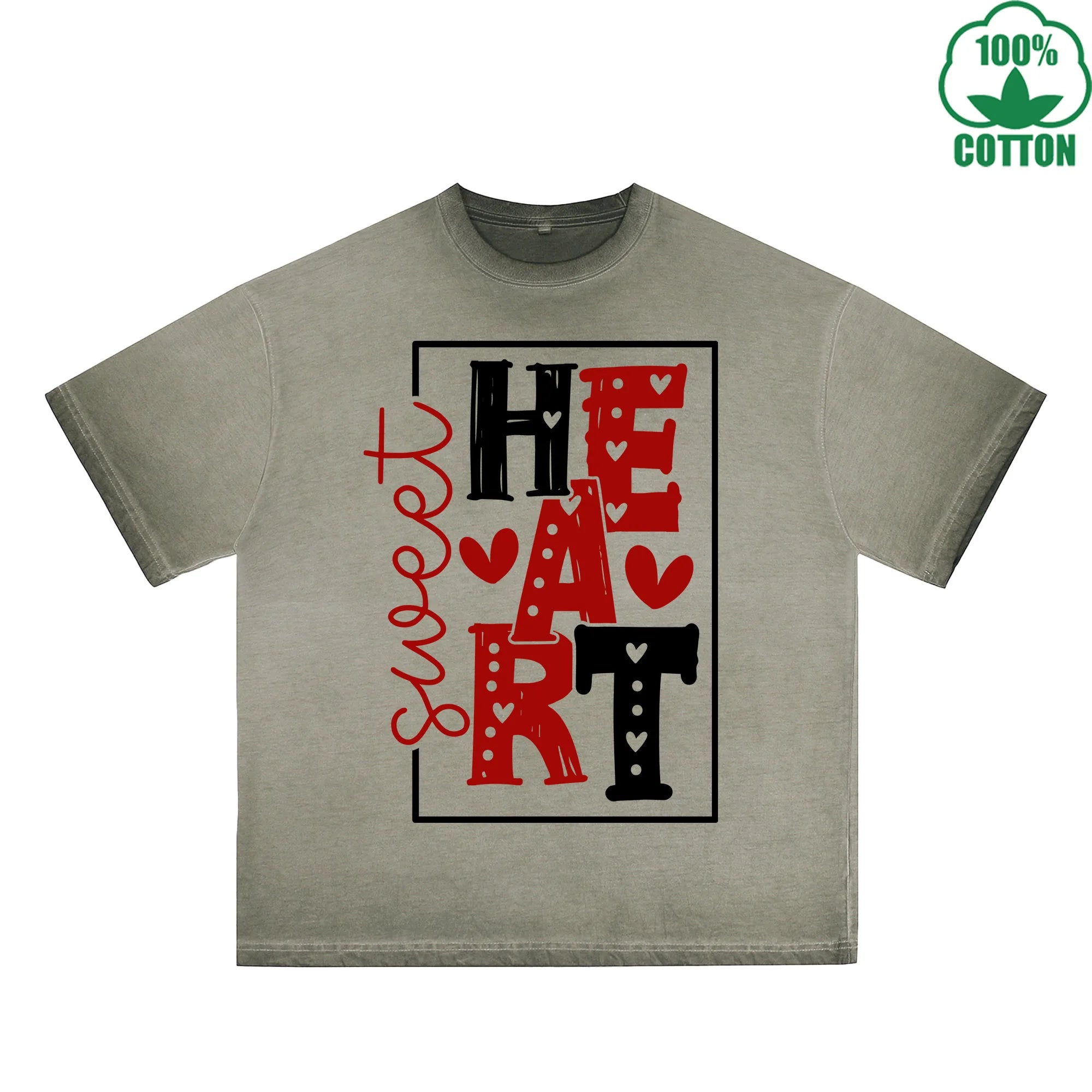Sweet Heart Printed Dirty Wash T-Shirt 230G Multicolor Loose Trendy Fashionable 100%Cotton Short Sleeve Top