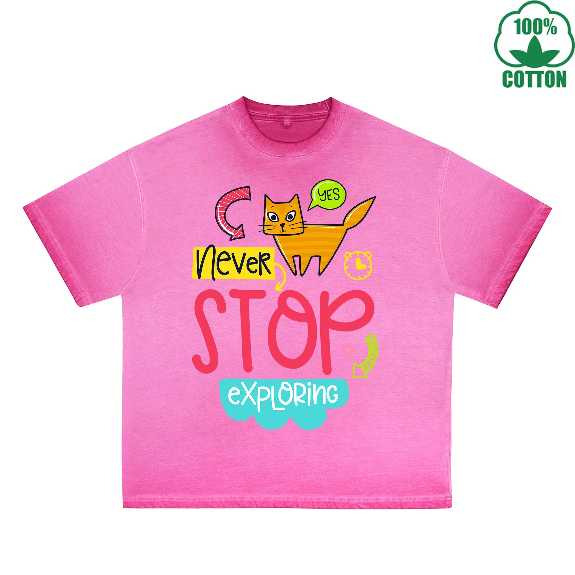 Stop Exploring Printed Dirty WashT-Shirt 230G Multicolor Loose Trendy Fashionable 100%Cotton Short Sleeve Top